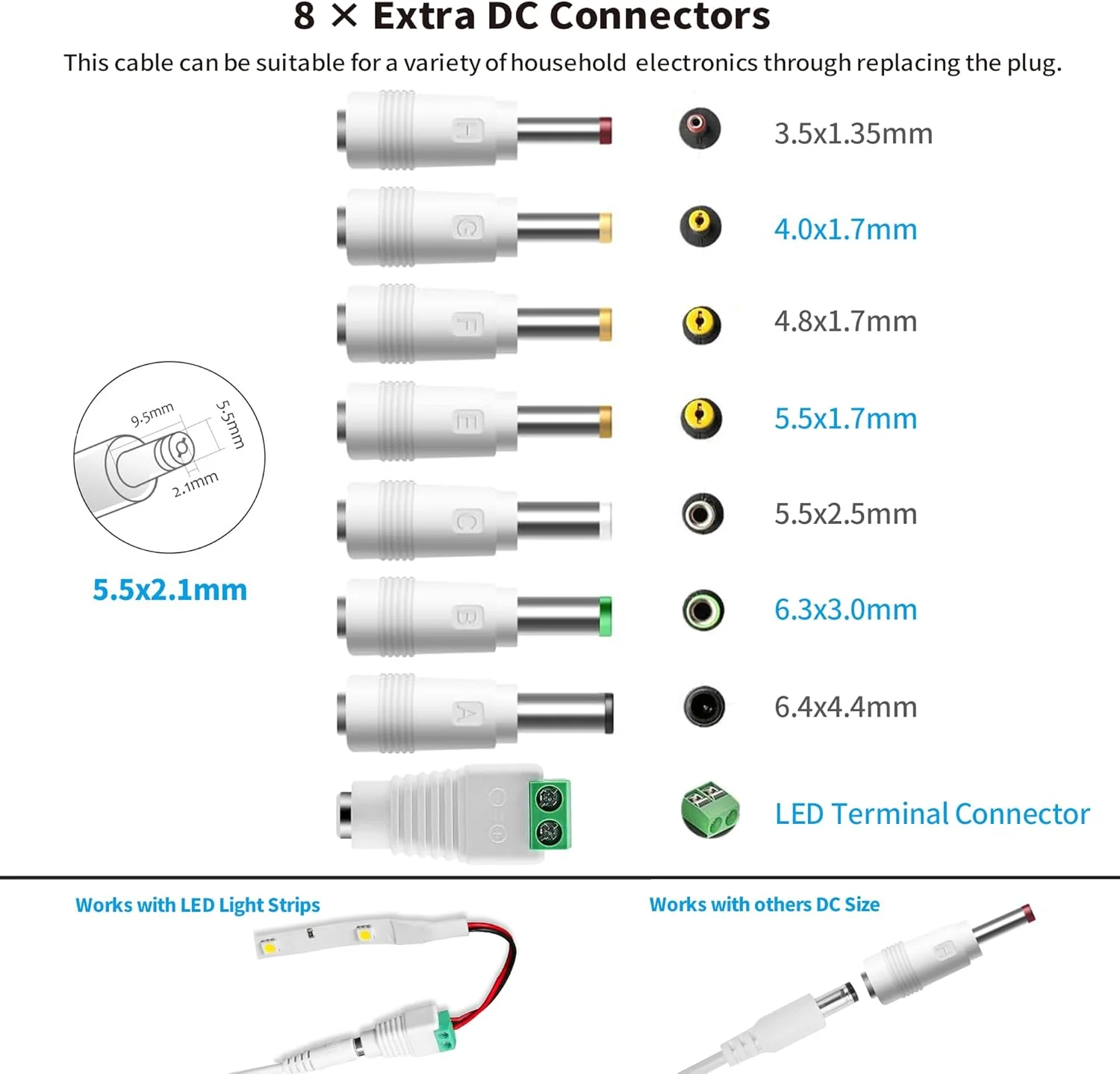 آداپتور برق DC یونیورسال 8 در 1 Tonton، آداپتور مادگی 5.5 x 2.1 میلیمتری به نری DC برای منبع تغذیه لپتاپ، سازگار با HP Dell ASUS Lenovo Acer، به همراه کانکتور DC نری و مادگی آداپتور برق DC یونیورسال 8 در 1 Tonton، آداپتور مادگی 5.5 x 2.1 میلیمتری به نری DC برای منبع تغذیه لپتاپ، سازگار با HP Dell ASUS Lenovo Acer، به همراه کانکتور DC نری و مادگی