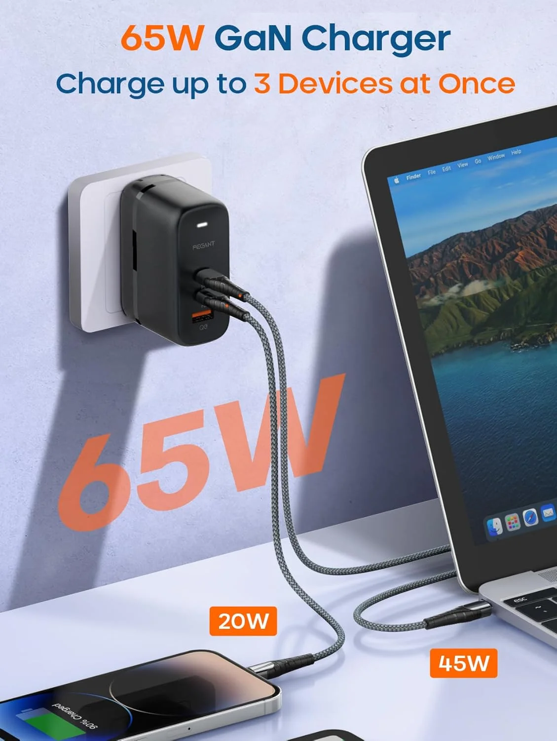 شارژر دیواری 65 واتی GaN USB-C پگانت، آداپتور سریع 3 پورت برای لپ تاپ با PD3.0، QC3.0 و PPS، دوشاخه تاشو با UK/EU/US/AU، برای مک بوک، آیفون 16، گلکسی S25، لنوو، دل، ایسوس شارژر دیواری 65 واتی GaN USB-C پگانت، آداپتور سریع 3 پورت برای لپ تاپ با PD3.0، QC3.0 و PPS، دوشاخه تاشو با UK/EU/US/AU، برای مک بوک، آیفون 16، گلکسی S25، لنوو، دل، ایسوس