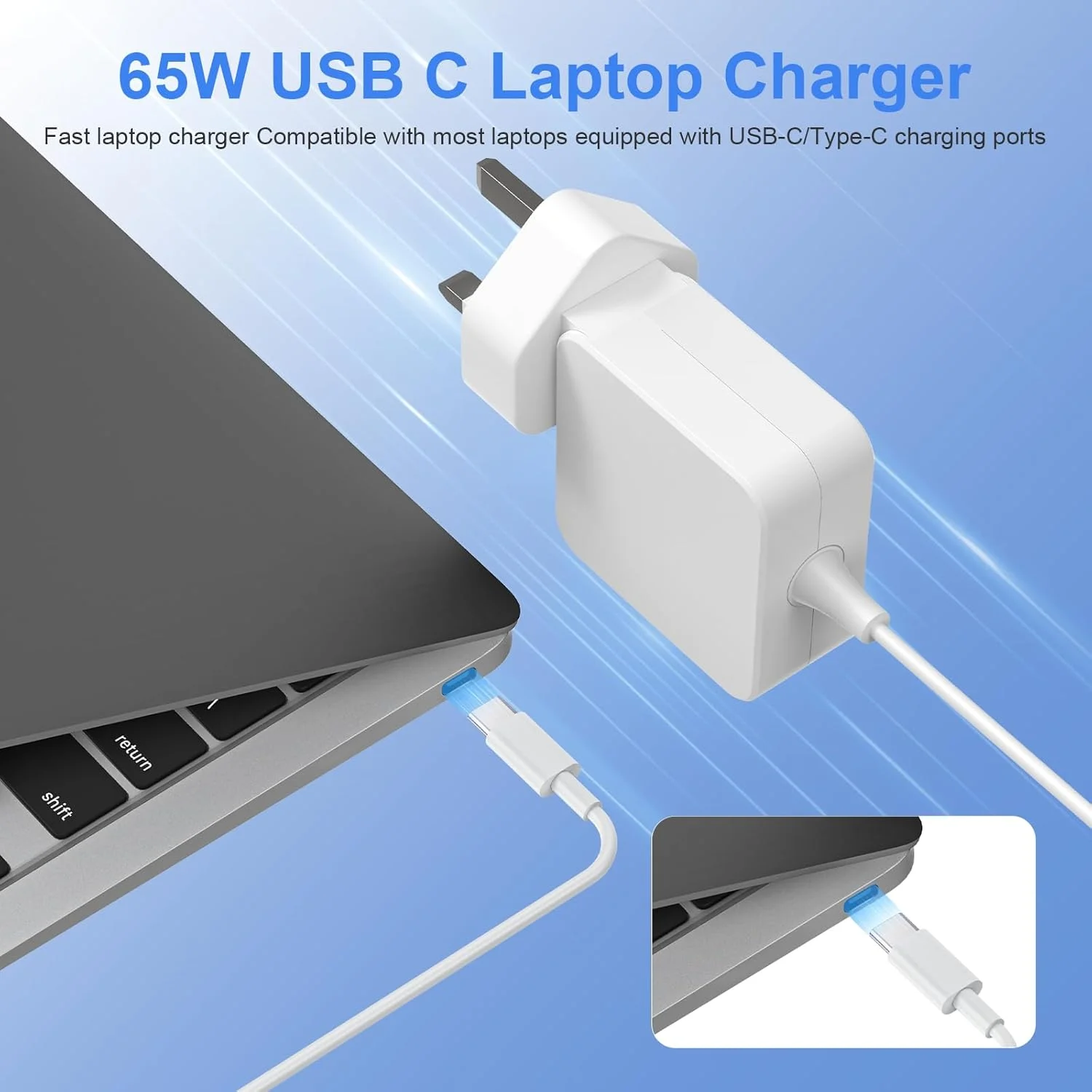 شارژر لپ تاپ 65 واتی تایپ سی سازگار با لنوو IdeaPad Slim 3، V15، HP، Dell، MSI، Samsung Chromebook، Asus ROG، Huawei Matebook، MagicBook، Acer و سایر آداپتورهای برق USB C