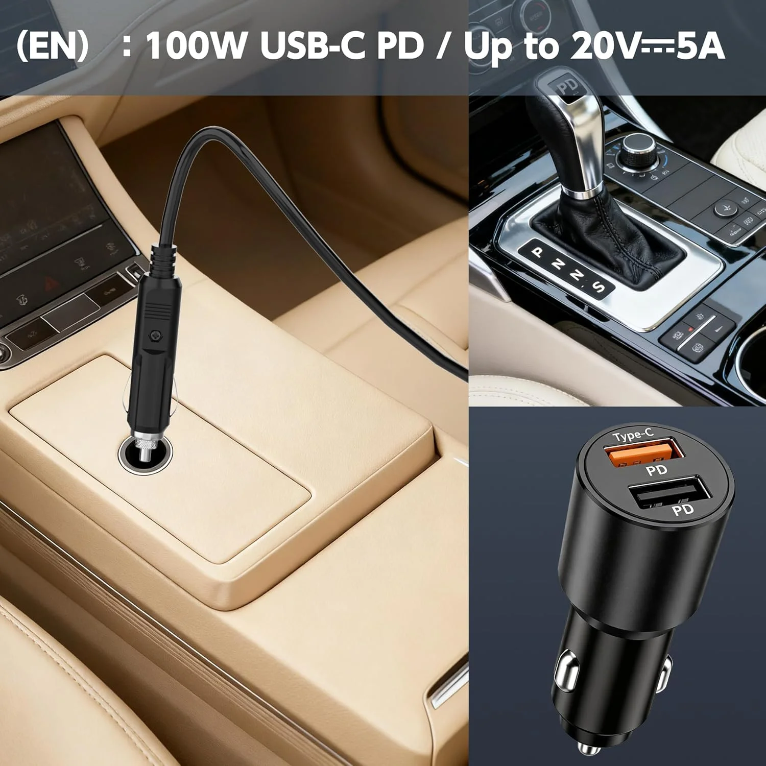 شارژر فندکی 100 واتی USB-C برای لپ‌تاپ، آداپتور برق خودرو 12-24 ولت سازگار با لنوو/اچ پی/دل/ایسر/ایسوس/تینک پد/مک بوک، کابل شارژ Type C خودرو