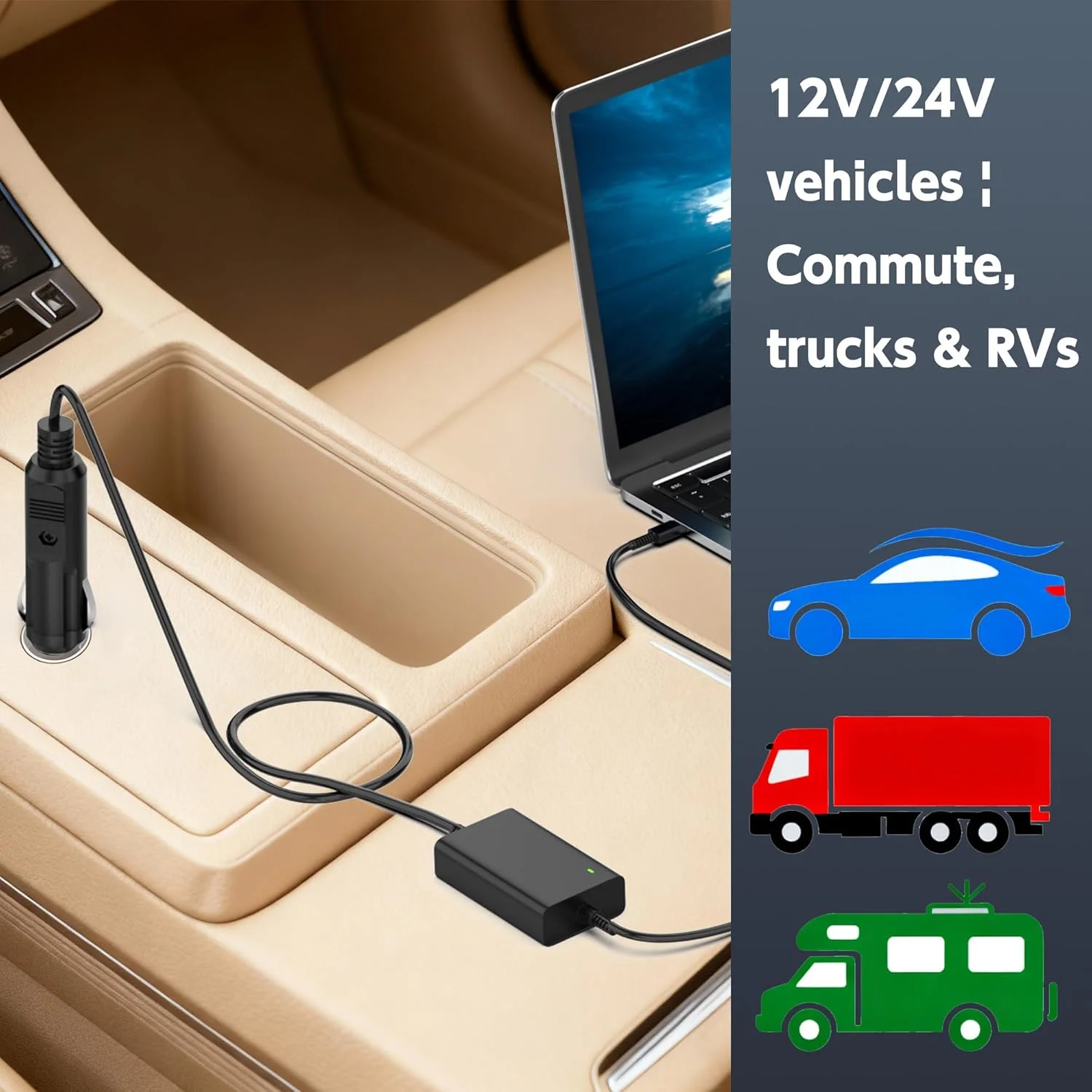 شارژر فندکی 100 واتی USB-C برای لپ‌تاپ، آداپتور برق خودرو 12-24 ولت سازگار با لنوو/اچ پی/دل/ایسر/ایسوس/تینک پد/مک بوک، کابل شارژ Type C خودرو