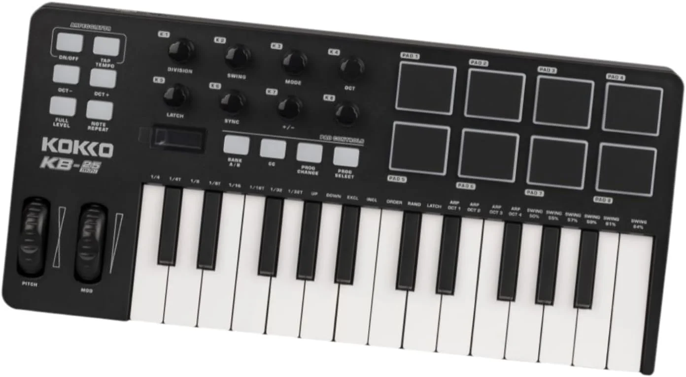 کنترلر MIDI با 25 کلید، دستگاه بیت ساز USB حرفه ای قابل حمل MIDI با 8 پد درام برای اجرا