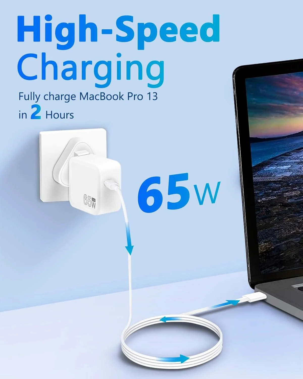 شارژر سریع 65 واتی USB C GaN سازگار با لپ‌تاپ/تبلت/موبایل‌های HP، Lenovo ThinkPad، Dell، MSI، Samsung Galaxy Tab، Huawei، Macbook Air، iPhone، iPad، Honor و غیره به همراه کابل 1 متری USB Type C