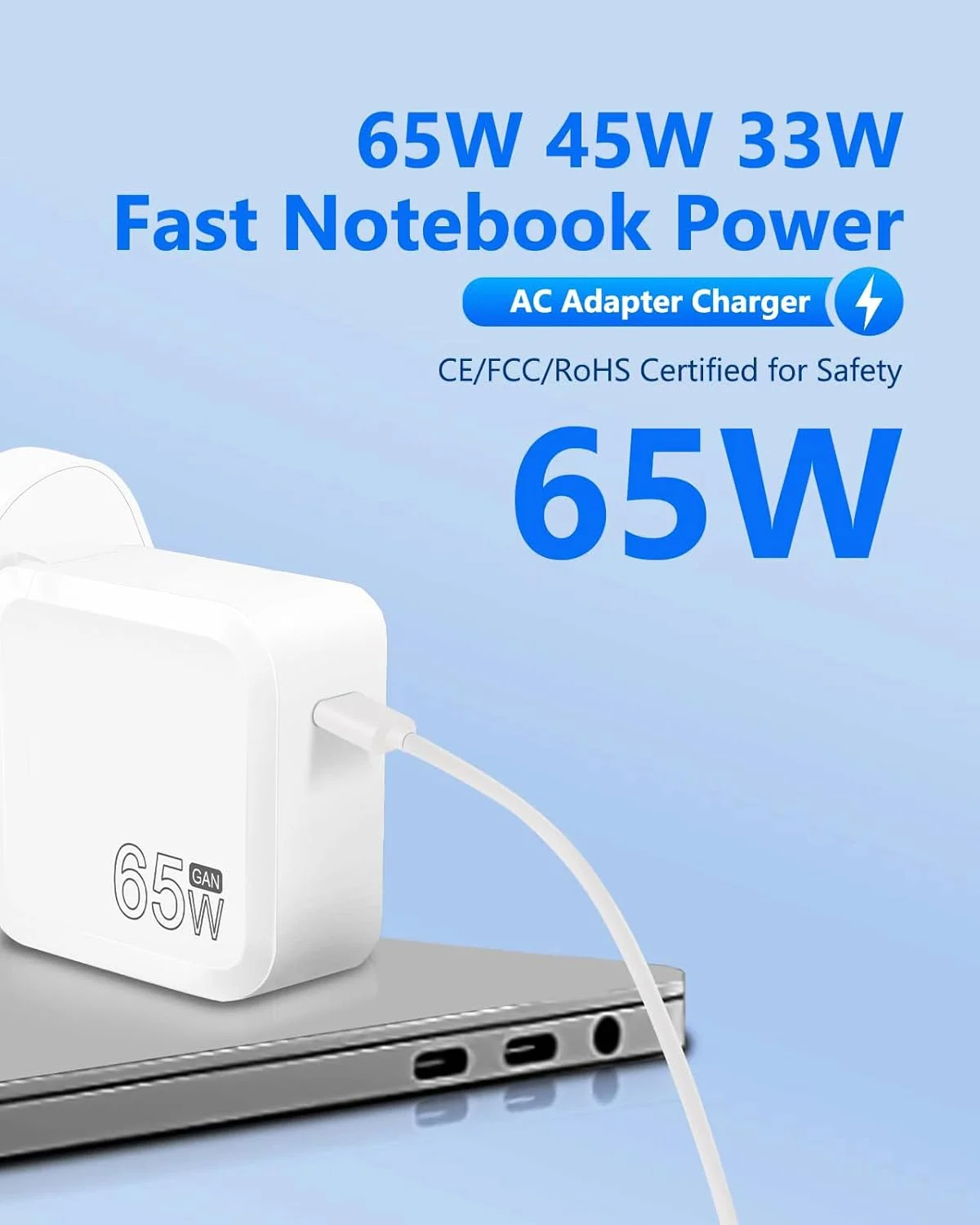 شارژر سریع 65 واتی USB C GaN سازگار با لپ‌تاپ/تبلت/موبایل‌های HP، Lenovo ThinkPad، Dell، MSI، Samsung Galaxy Tab، Huawei، Macbook Air، iPhone، iPad، Honor و غیره به همراه کابل 1 متری USB Type C