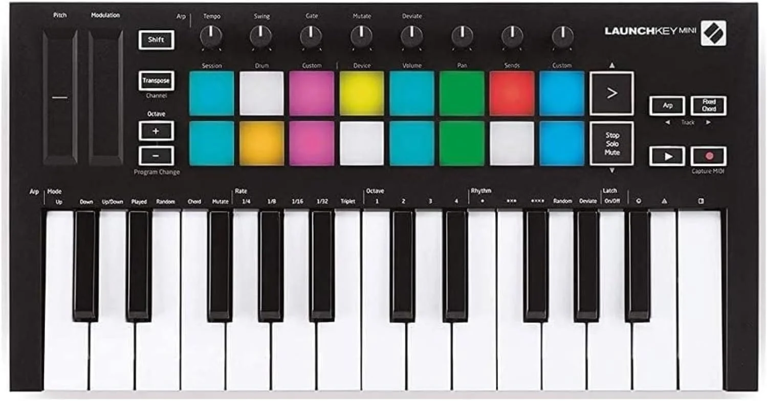 Novation Launchkey Mini [MK3] – کنترلر کیبورد USB/MIDI قابل حمل با 25 کلید و یکپارچه‌سازی DAW. دارای حالت Fixed-Chord و Arpeggiator – برای تولید موسیقی