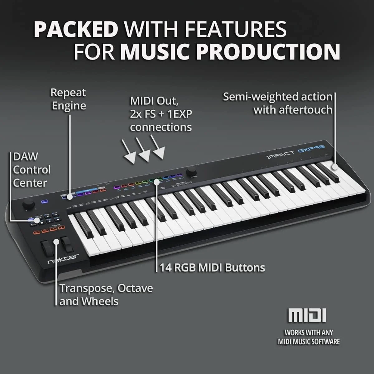 نکتار Impact GXP49 | کیبورد کنترلر MIDI USB با ادغام Nektar DAW