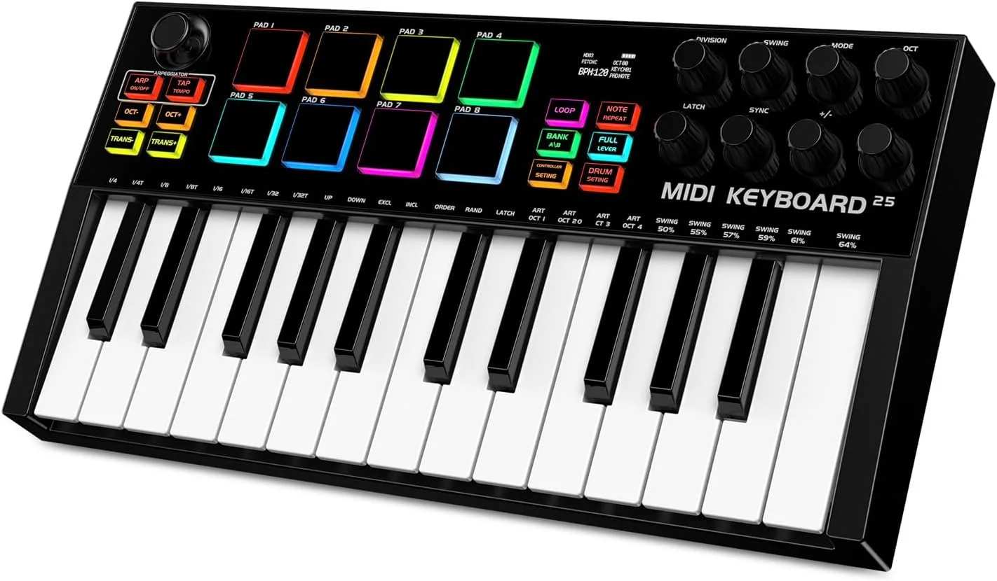 کنترلر میدی کیبورد TERENCE با 25 کلید حرفه ای، 500mAh، 8 پد RGB، دکمه چرخان 360 درجه بی نهایت، 8 دکمه چرخان قابل تنظیم، صفحه نمایش OLED، سازگار با DAW ها و دستگاه های متعدد