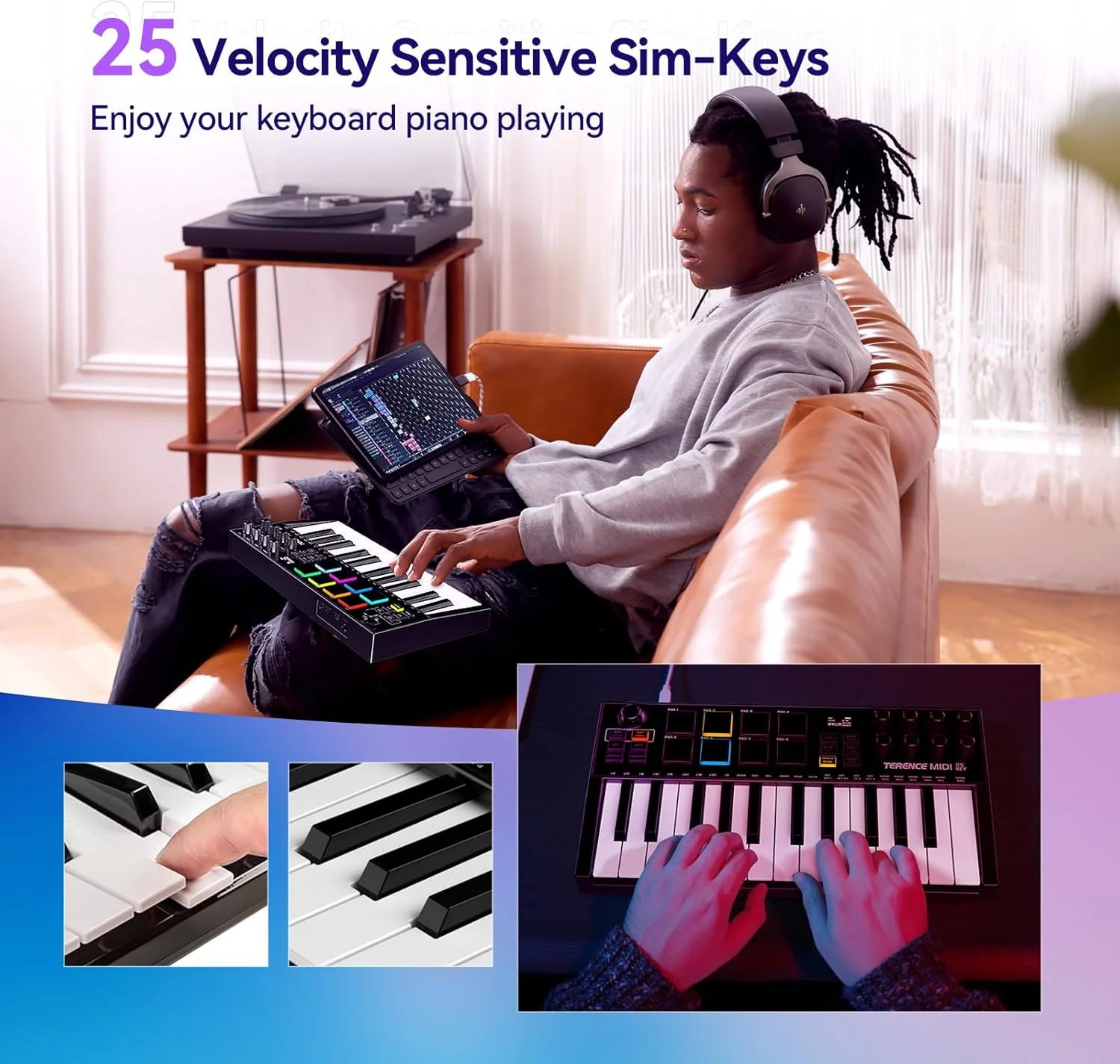 کنترلر میدی کیبورد TERENCE با 25 کلید حرفه ای، 500mAh، 8 پد RGB، دکمه چرخان 360 درجه بی نهایت، 8 دکمه چرخان قابل تنظیم، صفحه نمایش OLED، سازگار با DAW ها و دستگاه های متعدد