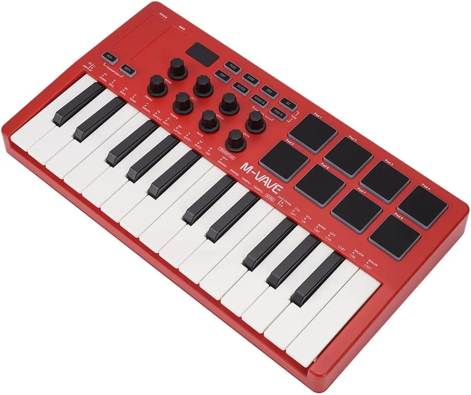 M-VAVE SMK-25RD – کنترلر کیبورد MIDI USB با 25 کلید، دارای 8 پد درام با نور پس زمینه، بلوتوث، 8 دکمه، کلیدهای داینامیک حرفه ای، قرمز
