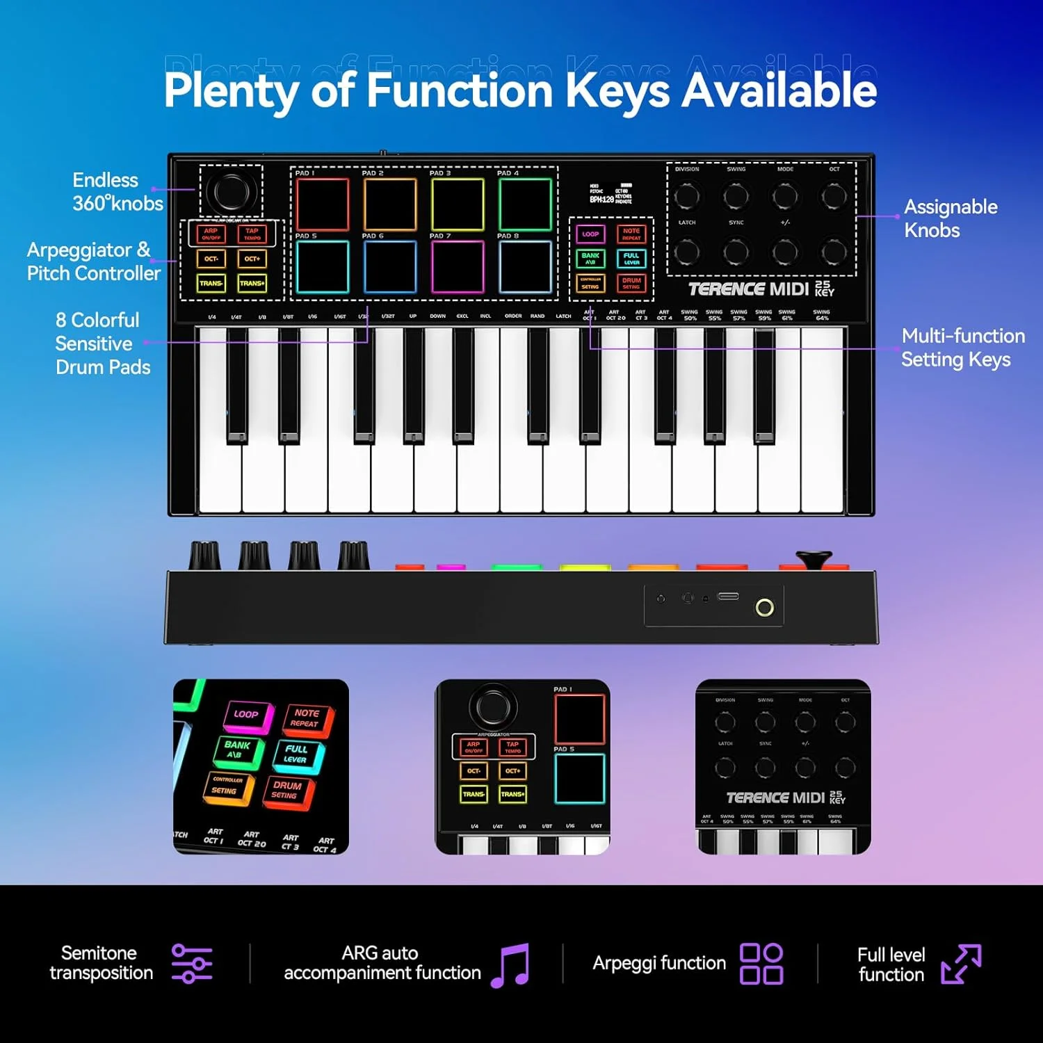 کنترلر میدی کیبورد TERENCE با 25 کلید حرفه ای، 500mAh، 8 پد RGB، دکمه چرخان 360 درجه بی نهایت، 8 دکمه چرخان قابل تنظیم، صفحه نمایش OLED، سازگار با DAW ها و دستگاه های متعدد
