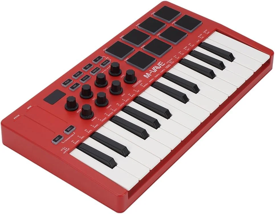 M-VAVE SMK-25RD – کنترلر کیبورد MIDI USB با 25 کلید، دارای 8 پد درام با نور پس زمینه، بلوتوث، 8 دکمه، کلیدهای داینامیک حرفه ای، قرمز