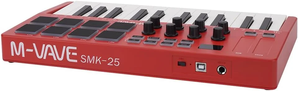 M-VAVE SMK-25RD – کنترلر کیبورد MIDI USB با 25 کلید، دارای 8 پد درام با نور پس زمینه، بلوتوث، 8 دکمه، کلیدهای داینامیک حرفه ای، قرمز