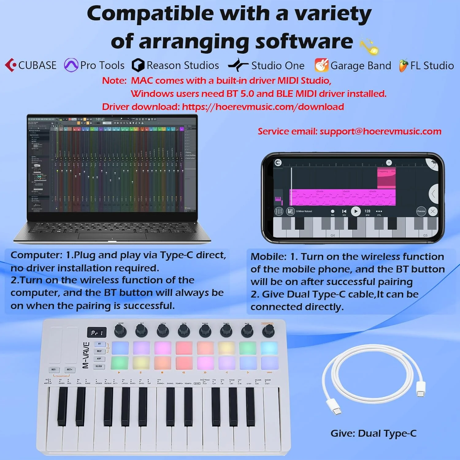 M-VAVE کیبورد MIDI با 25 کلید و 16 پد درام با نور پس زمینه - سازنده حرفه ای بیت و کیتار برای تولید موسیقی کیبورد با باتری داخلی و اتصال بی سیم - سفید