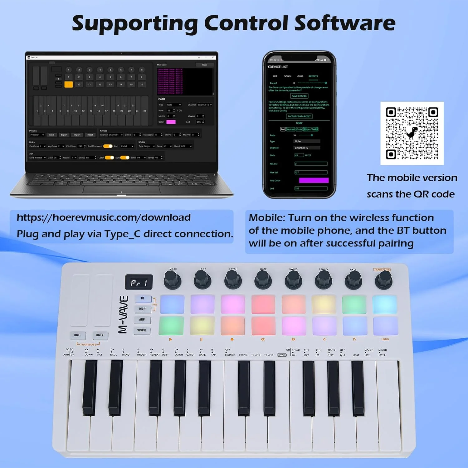 M-VAVE کیبورد MIDI با 25 کلید و 16 پد درام با نور پس زمینه - سازنده حرفه ای بیت و کیتار برای تولید موسیقی کیبورد با باتری داخلی و اتصال بی سیم - سفید
