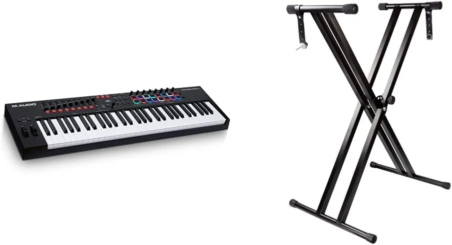 M-Audio Oxygen Pro 61 – کنترلر میدی کیبورد USB با 61 کلاویه، پد های ضرب و فیدرها و بسته نرم افزاری همراه و استند کیبورد قابل تنظیم RockJam با پایه دوتایی و زبانه های ایمنی