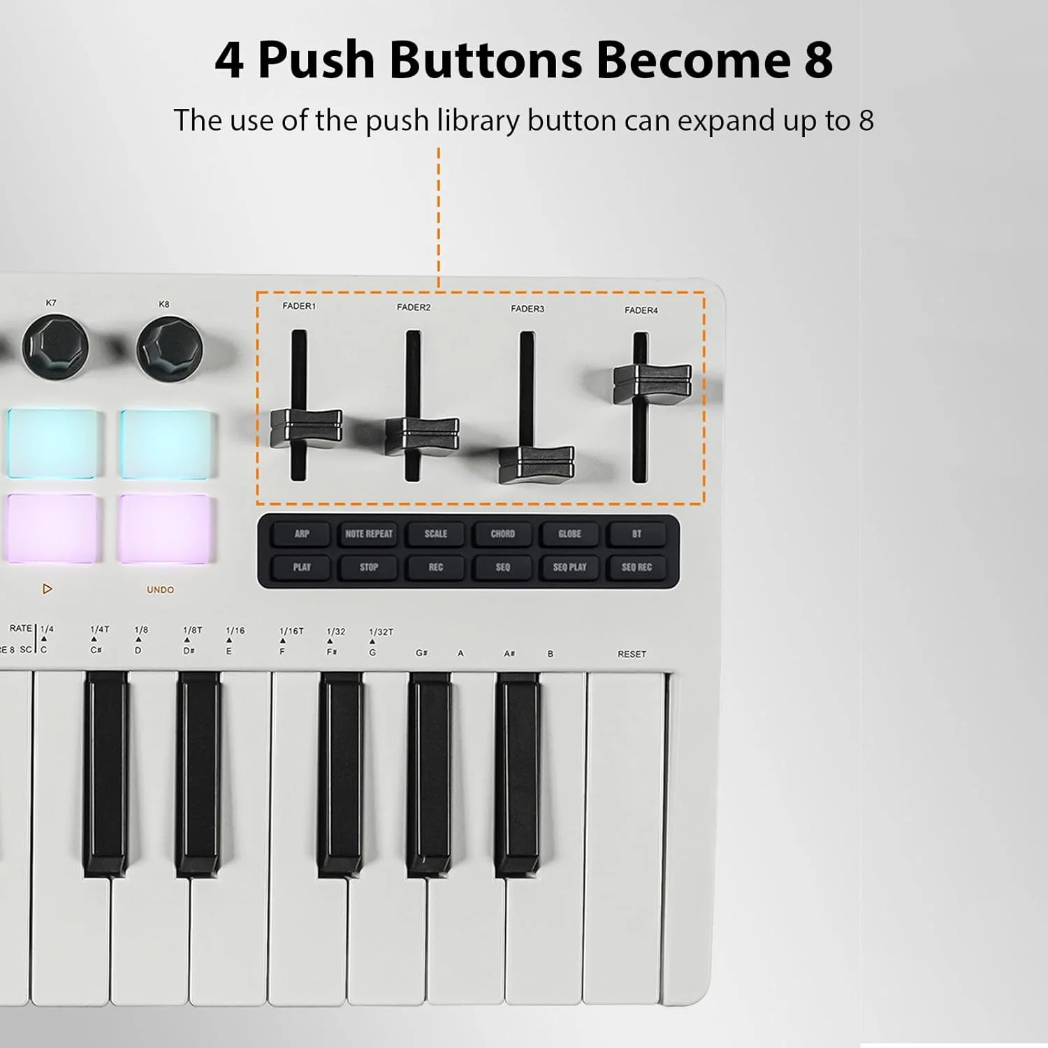 کنترلر میدی Btuty با 37 کلید، کنترلر تولید موسیقی میدی با 16 پد درام RGB، 8 دکمه، 4 فیدر، سینتی سایزر داخلی برای تولید موسیقی در حال حرکت، فرستنده قابل شارژ سیستم انتقال مانیتور هدفون بی سیم