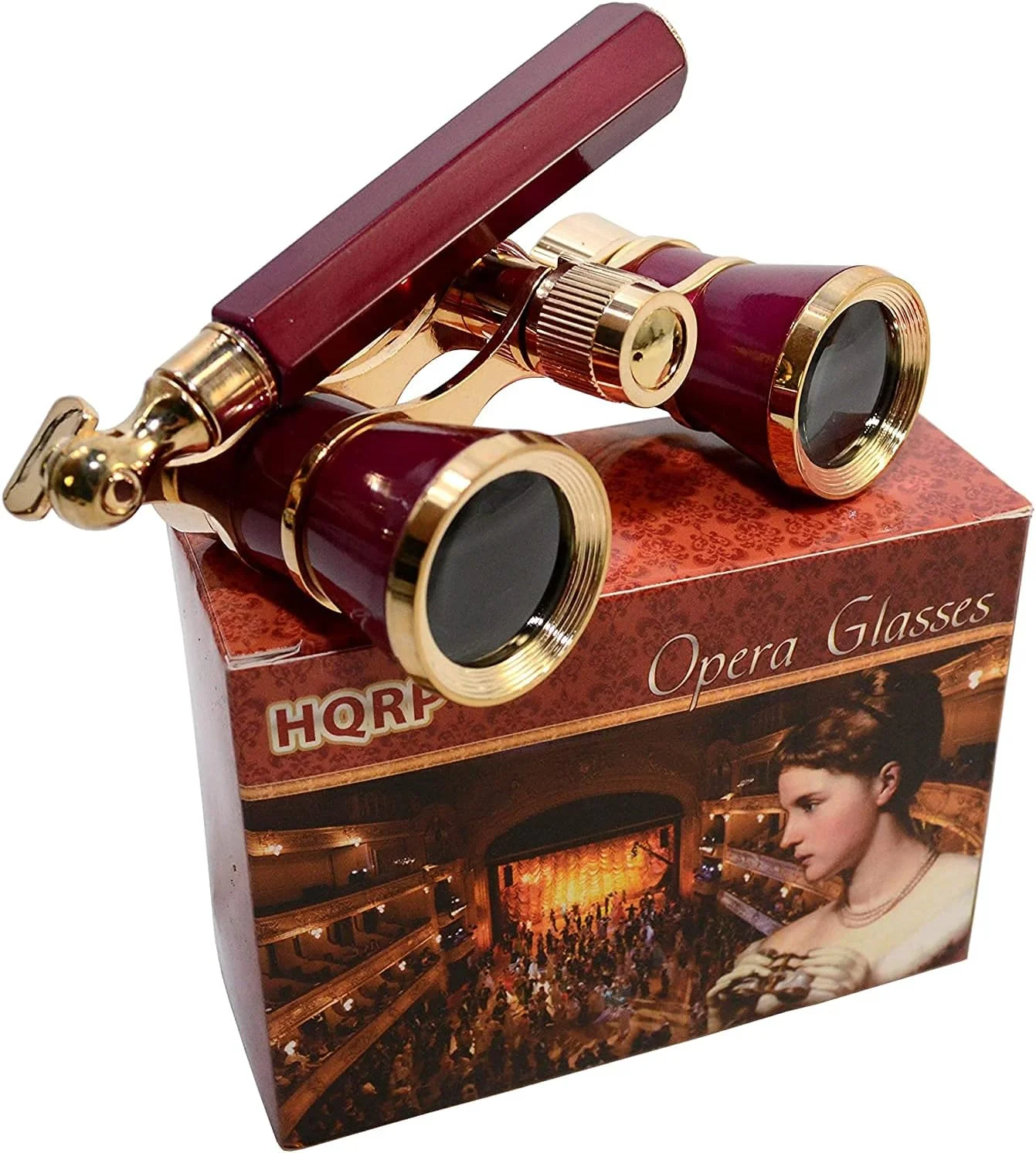 دوربین تئاتر HQRP 3 x 25 با اپتیک شفاف کریستالی (CCO) رنگ بورگاندی با تریم طلایی و دسته قابل افزایش داخلی