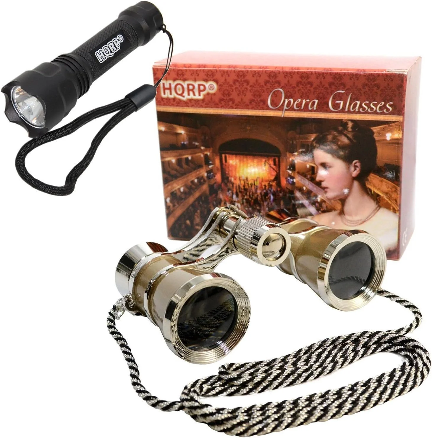 ست تئاتر HQRP: 3 عدد عینک اپرای طلایی 25 با اپتیک شفاف کریستالی (CCO)، حاشیه نقره ای و زنجیر گردنبند + چراغ قوه فوق العاده روشن و جمع و جور حرفه ای
