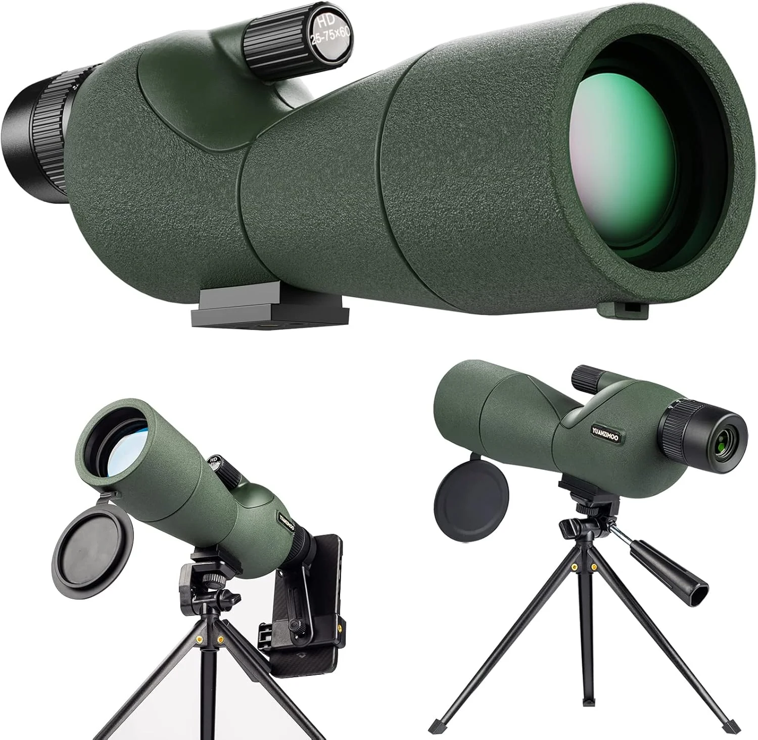 تلسکوپ دیدبانی 25-75x60 با سه پایه، کیف حمل و آداپتور تلفن هوشمند، تلسکوپ مستقیم سبز