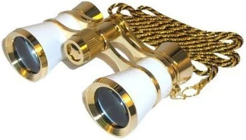 دوربین شکاری اپرا/تئاتر HQRP 3 x 25 با لنزهای شفاف کریستالی (CCO) مروارید سفید با حاشیه طلایی به همراه زنجیر گردنبند
