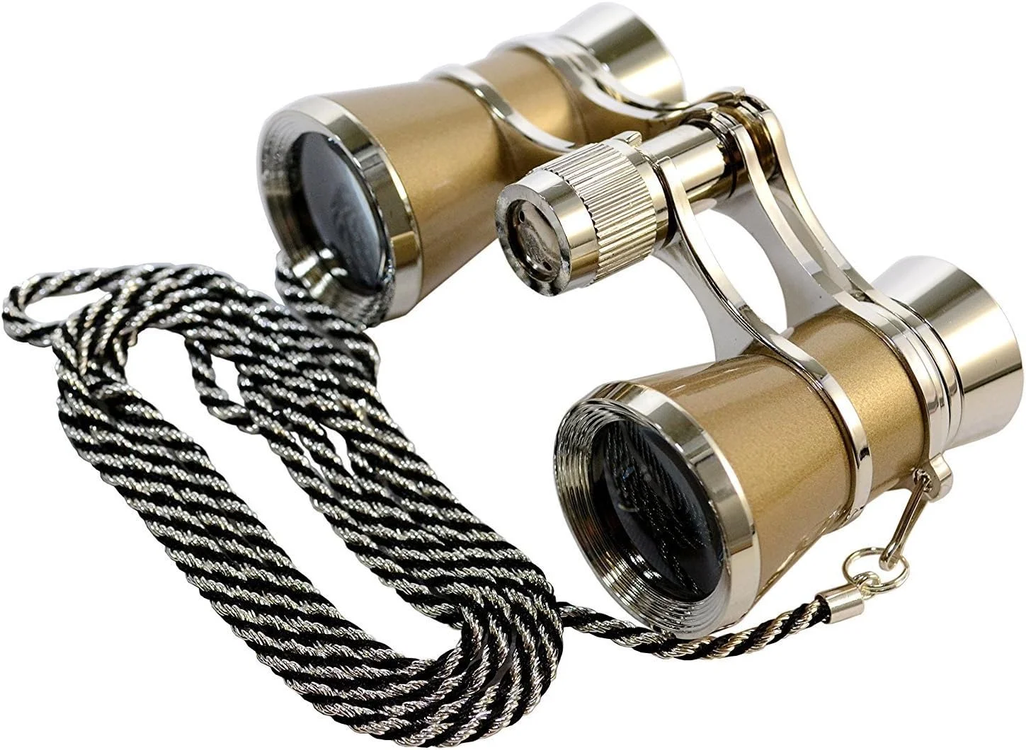 ست تئاتر HQRP: 3 عدد عینک اپرای طلایی 25 با اپتیک شفاف کریستالی (CCO)، حاشیه نقره ای و زنجیر گردنبند + چراغ قوه فوق العاده روشن و جمع و جور حرفه ای