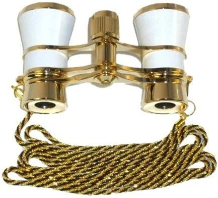 دوربین شکاری اپرا/تئاتر HQRP 3 x 25 با لنزهای شفاف کریستالی (CCO) مروارید سفید با حاشیه طلایی به همراه زنجیر گردنبند