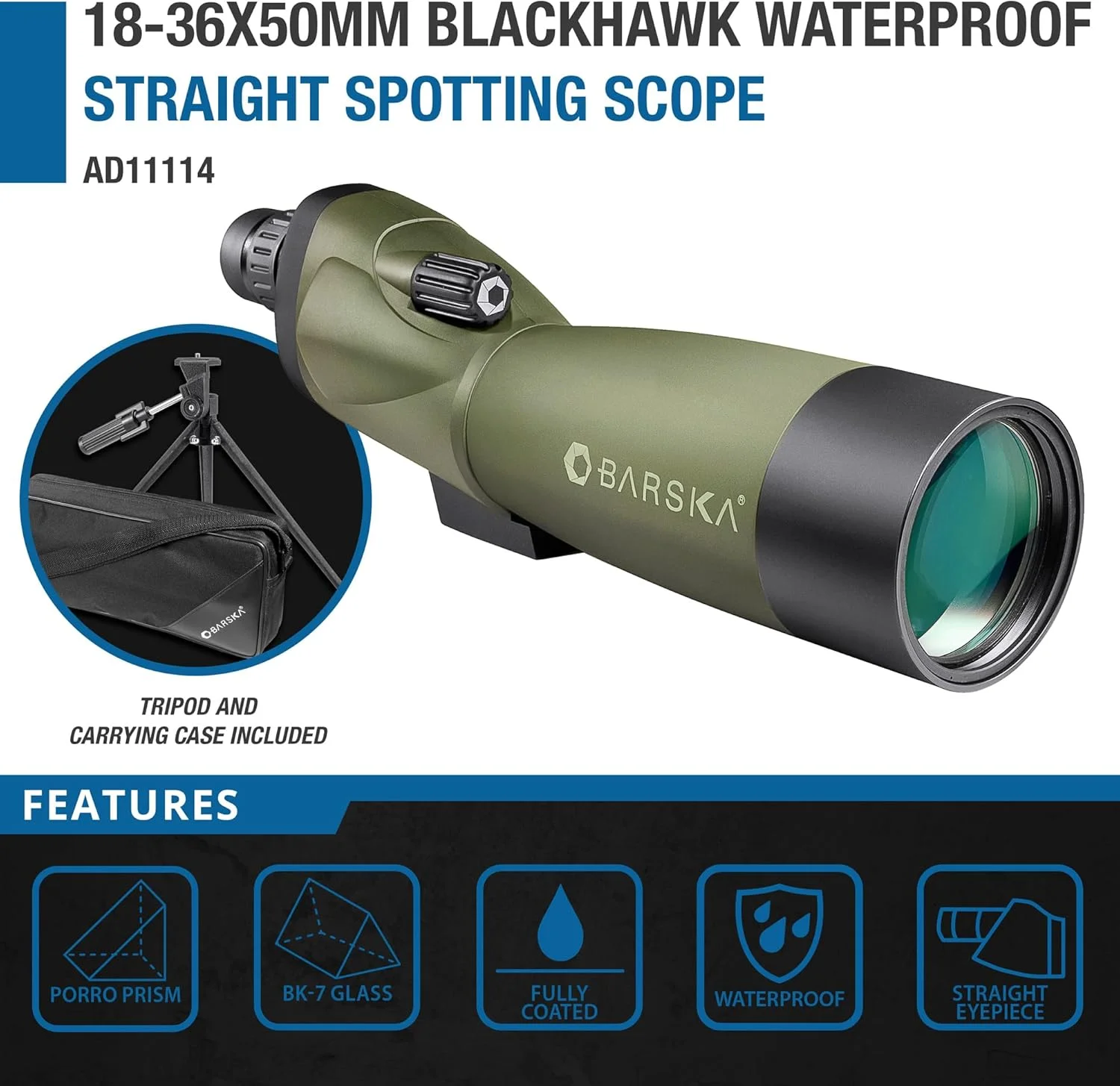 تلسکوپ دیدبانی مستقیم 18-36x50 Blackhawk بارسکا با سه پایه و کیف (لنز سبز) تلسکوپ دیدبانی مستقیم 18-36x50 Blackhawk بارسکا با سه پایه و کیف (لنز سبز)