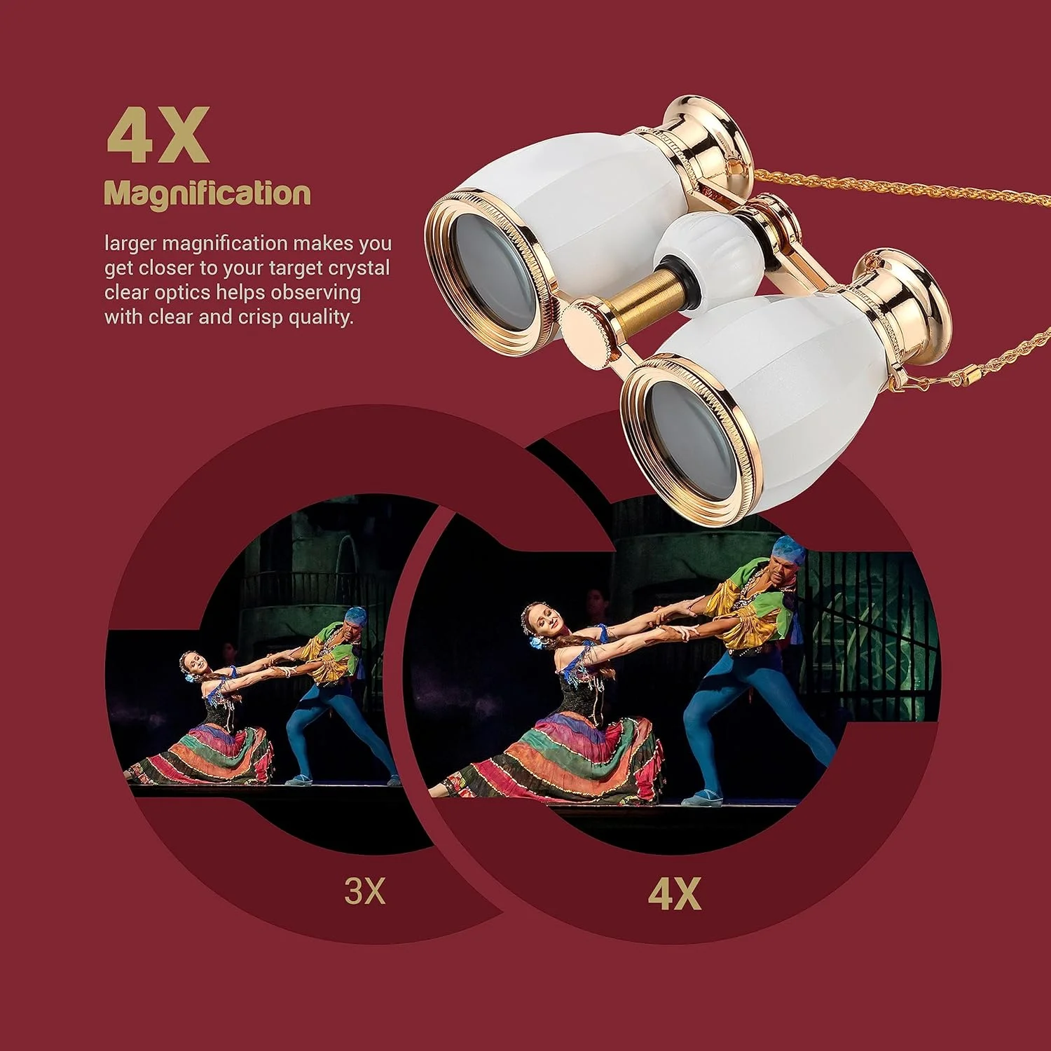 دوربین تئاتر ESSLNB، دوربین دوچشمی 4X30mm برای تئاتر و کنسرت، دوربین دوچشمی جمع و جور با زنجیر جداشدنی و کیف - سفید