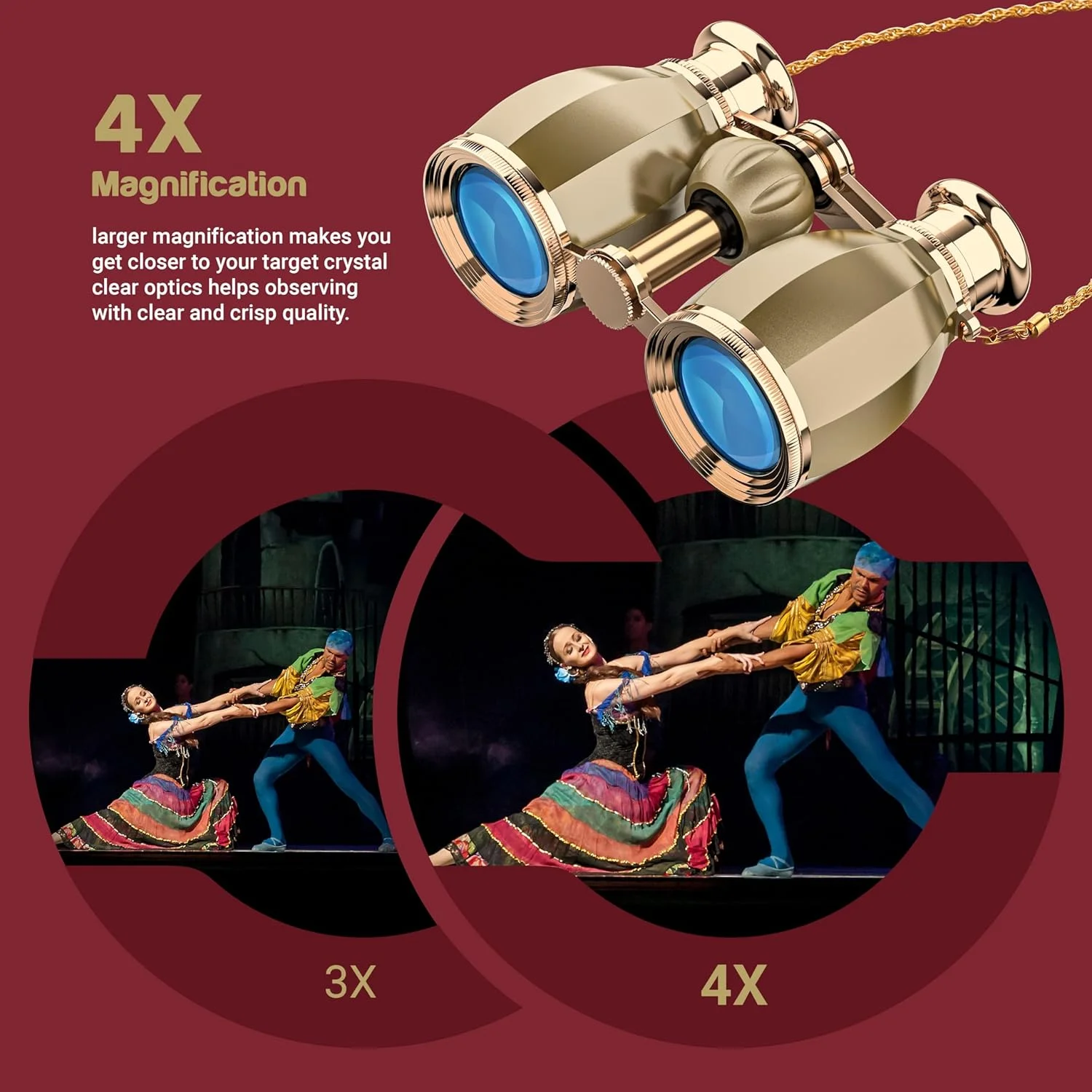 دوربین تئاتر ESSLNB، دوربین دوچشمی اپرا برای بانوان و بزرگسالان 4X30mm، دوربین جمع و جور برای تئاتر و کنسرت، دوربین عتیقه با کیف و زنجیر جداشدنی (طلایی)
