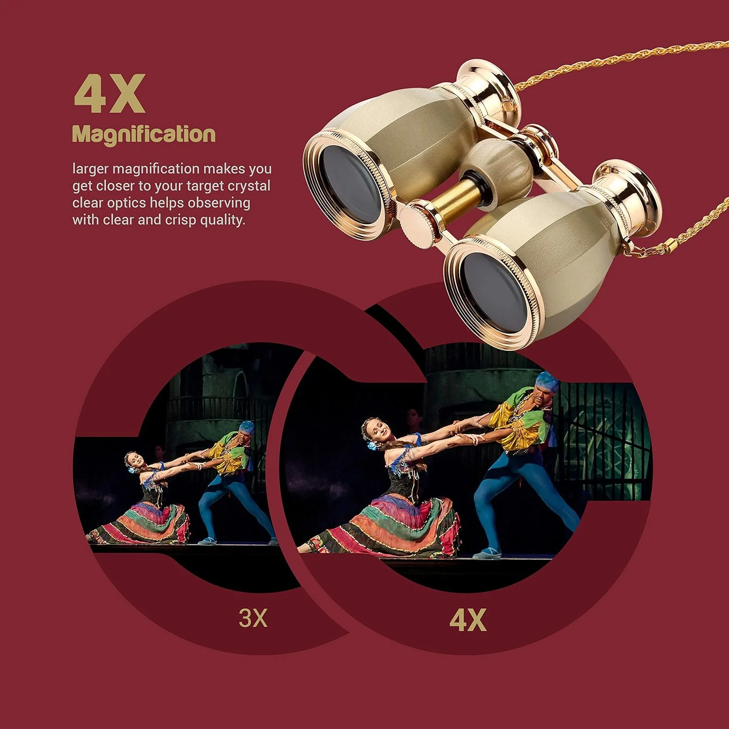 دوربین شکاری تئاتری ESSLNB Opera GL 4X30 با زنجیر و کیف، شیشه اپتیکال، دوربین شکاری زنانه برای کنسرت تئاتر، هدیه زنانه