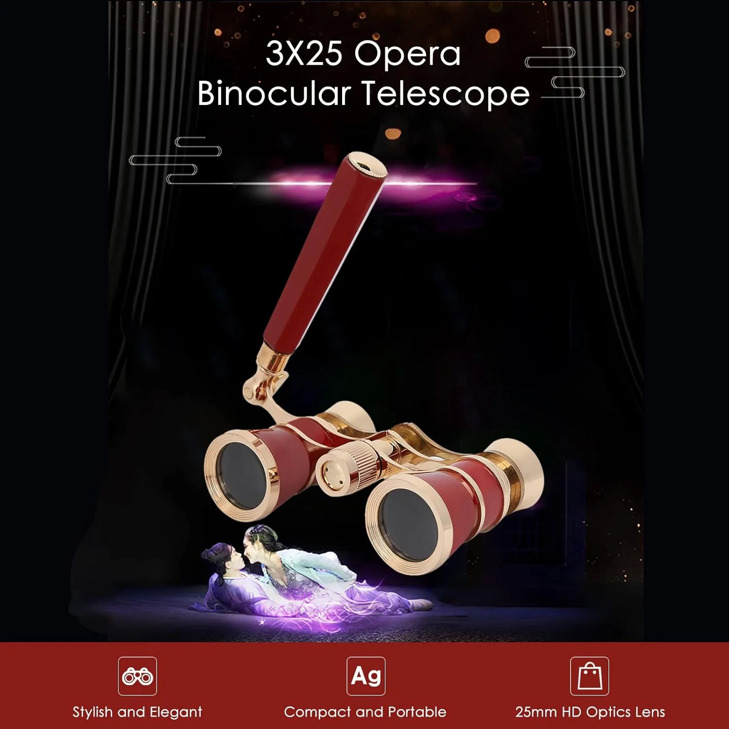 دوربین شکاری برای اپرا، 3X25 با فوکوس مرکزی، دوربین تئاتری با منشور BAK-7 و دسته برای بزرگسالان، کودکان و بانوان در کنسرت، تئاتر و اپرا (قهوه ای مایل به قرمز)