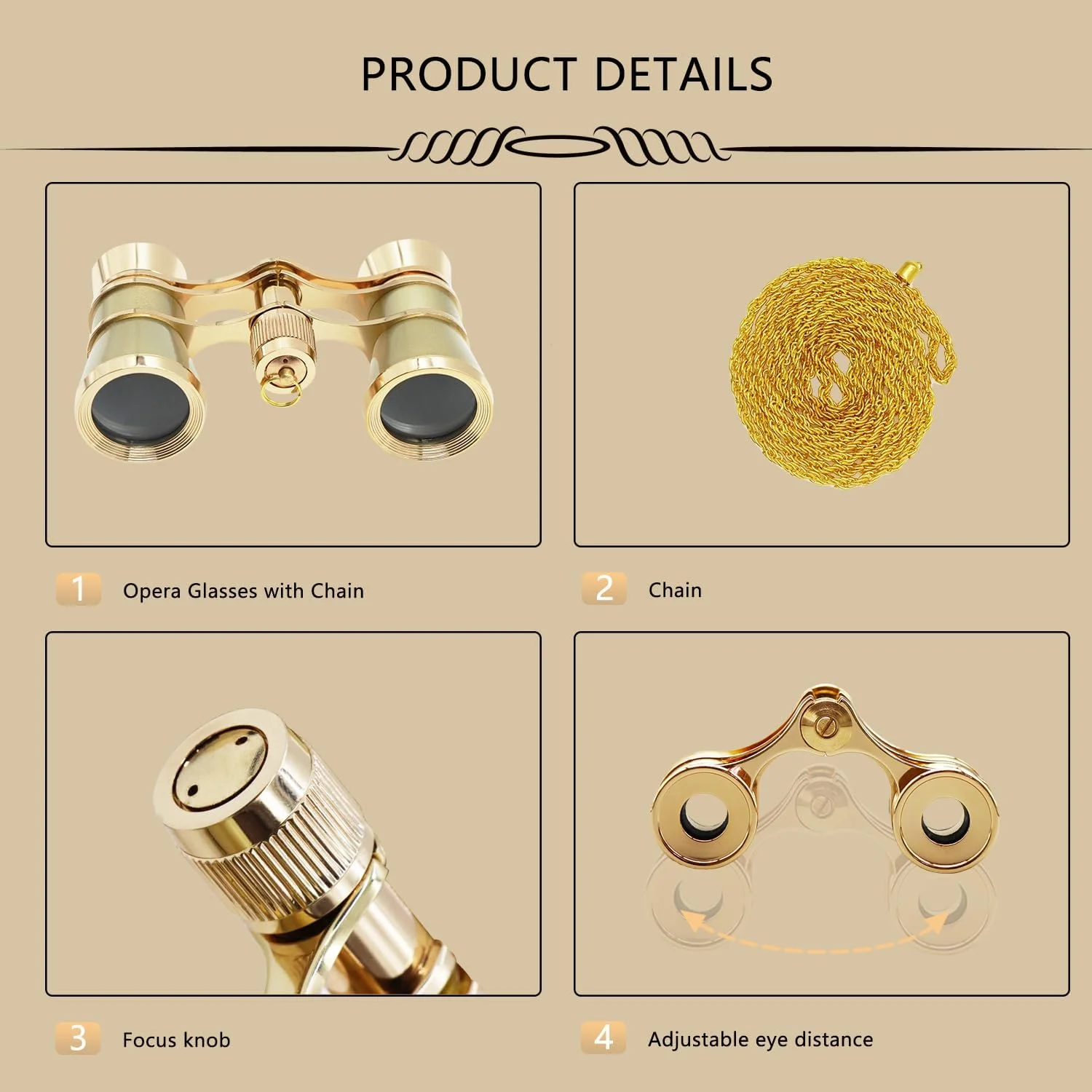 دوربین تئاتر BLACKICE، دوربین دوچشمی اپرا 3X25 جمع و جور با زنجیر برای بزرگسالان، کودکان و بانوان در کنسرت، تئاتر و اپرا (طلایی با زنجیر)