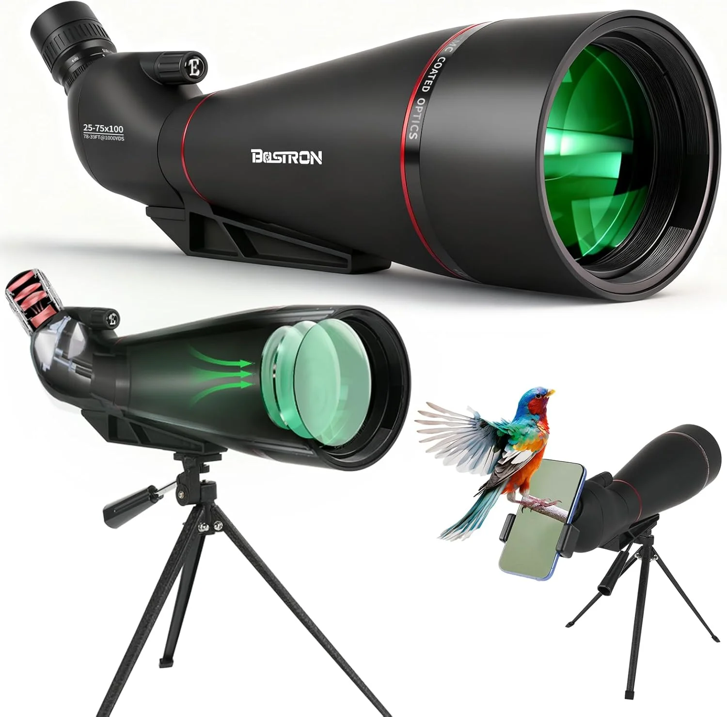 تلسکوپ دیدبانی زاویه دار 25-75x100 با لنز FMC، آداپتور تلفن سه پایه و کیف حمل، تلسکوپ های دیدبانی ضد آب برای هدف زنی، تماشای پرندگان، تماشای ماه و مشاهده حیات وحش (مشکی)