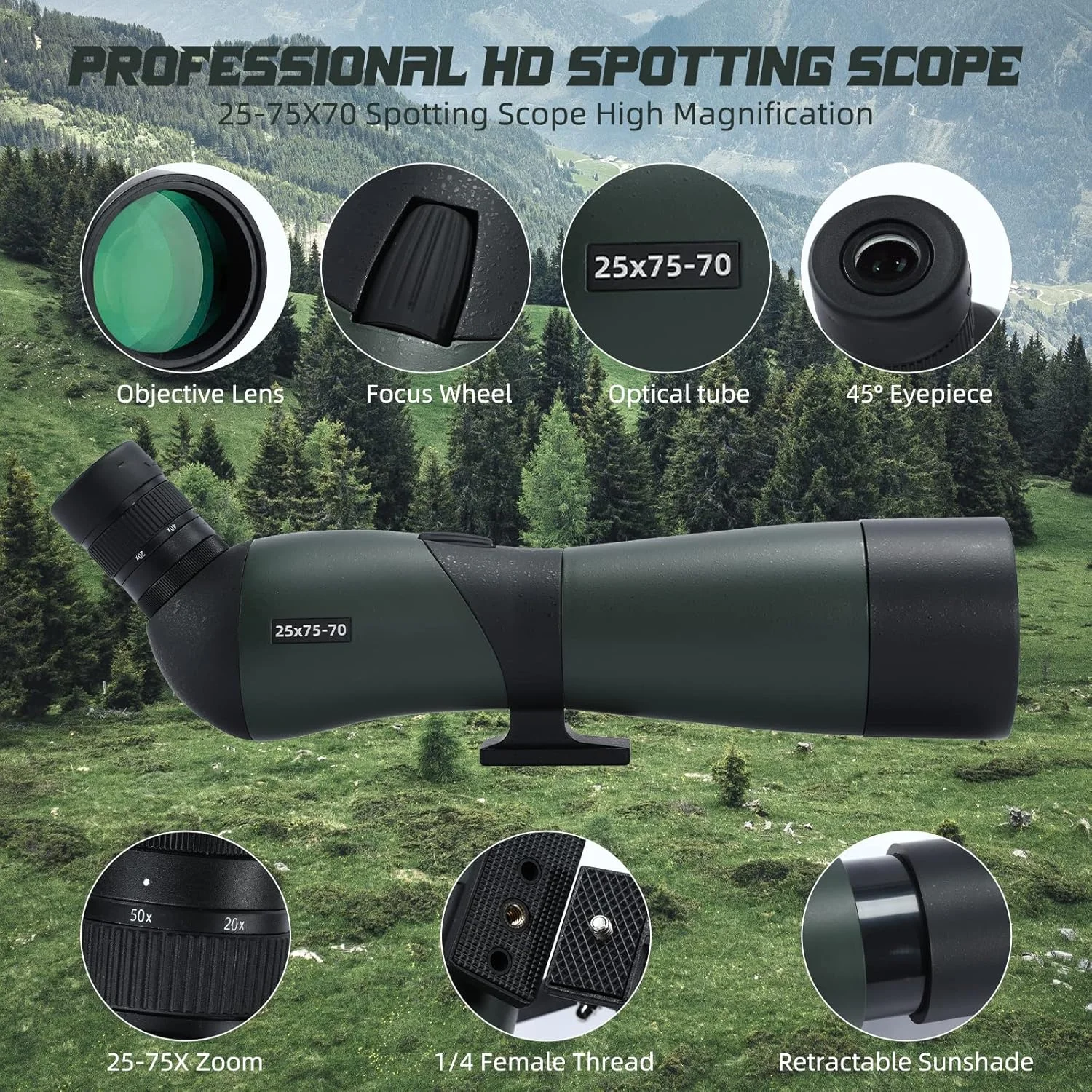 تلسکوپ دیدبانی 25-75x70 به همراه سه پایه، کیف حمل و آداپتور تلفن هوشمند - تلسکوپ تک چشمی ضد آب برای تماشای پرندگان، تیراندازی، کمانگیری و شکار تلسکوپ دیدبانی 25-75x70 به همراه سه پایه، کیف حمل و آداپتور تلفن هوشمند - تلسکوپ تک چشمی ضد آب برای تماشای پرندگان، تیراندازی، کمانگیری و شکار