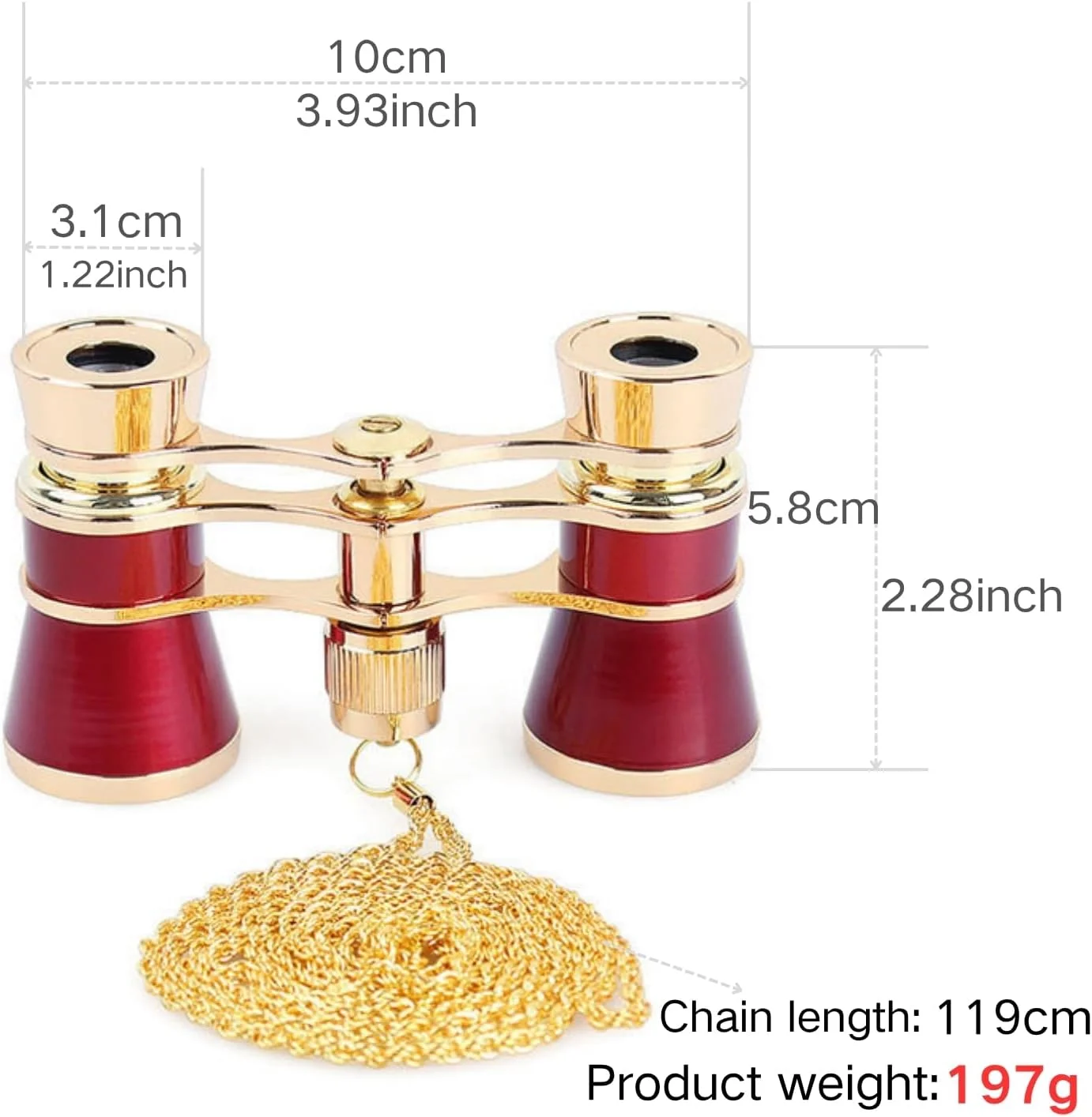 دوربین تئاتر تاشو کلاسیک 3x25 با بدنه فلزی و زنجیر، لنز اپتیکال، طراحی رترو، هدیه برای بانوان و دختران (قرمز)