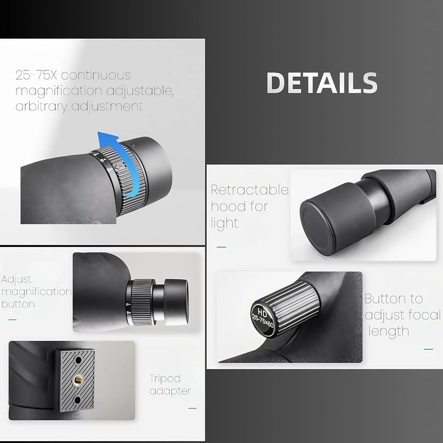 تلسکوپ دیدبانی با کیفیت بالا برای تماشای پرندگان، تماشای حیات وحش، تلسکوپ برای مبتدیان، مشاهده هدف. تلسکوپ دیدبانی 25-75×60 میلی‌متری HD با سه‌پایه و آداپتور تلفن، تک‌چشمی