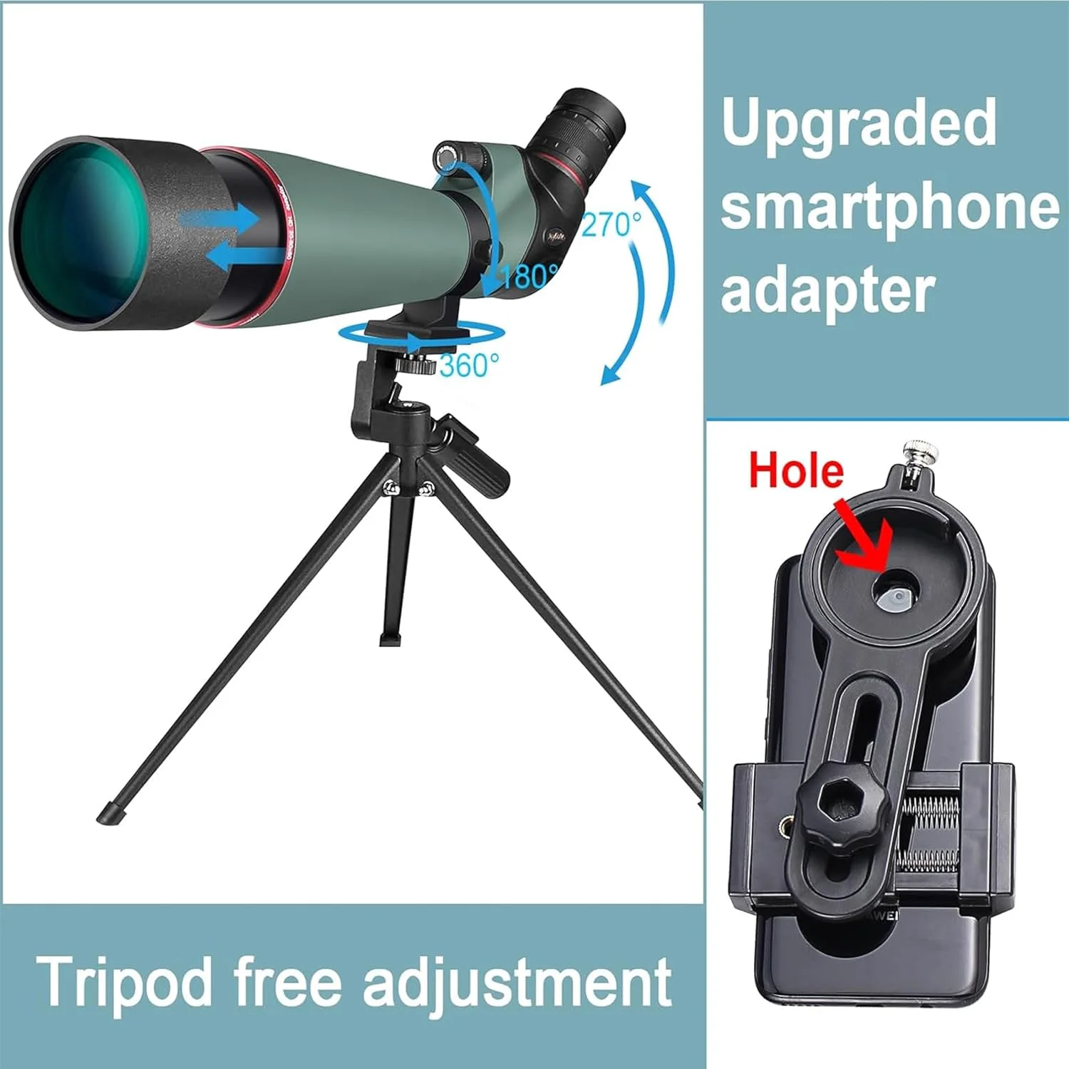 تلسکوپ دیدبانی 20-60x80 میلی‌متری HD با سه‌پایه، آداپتور تلفن همراه، کیف حمل، BAK4 و ضدآب برای تماشای پرندگان، شکار و حیات وحش