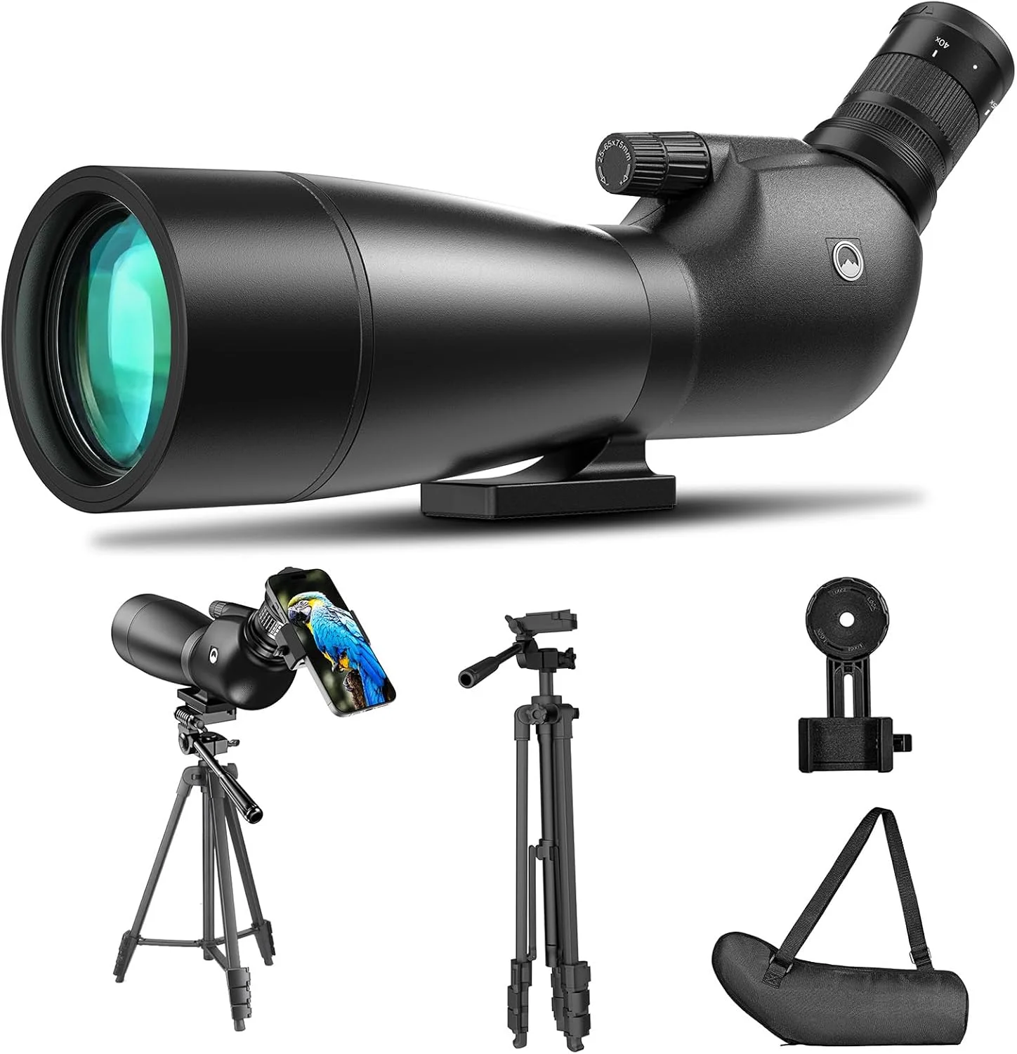 تلسکوپ دیدبانی 25-65x75 میلی‌متری URBANCOAST به همراه سه پایه بزرگ، کیف حمل و آداپتور تلفن - ایده آل برای تماشای پرندگان
