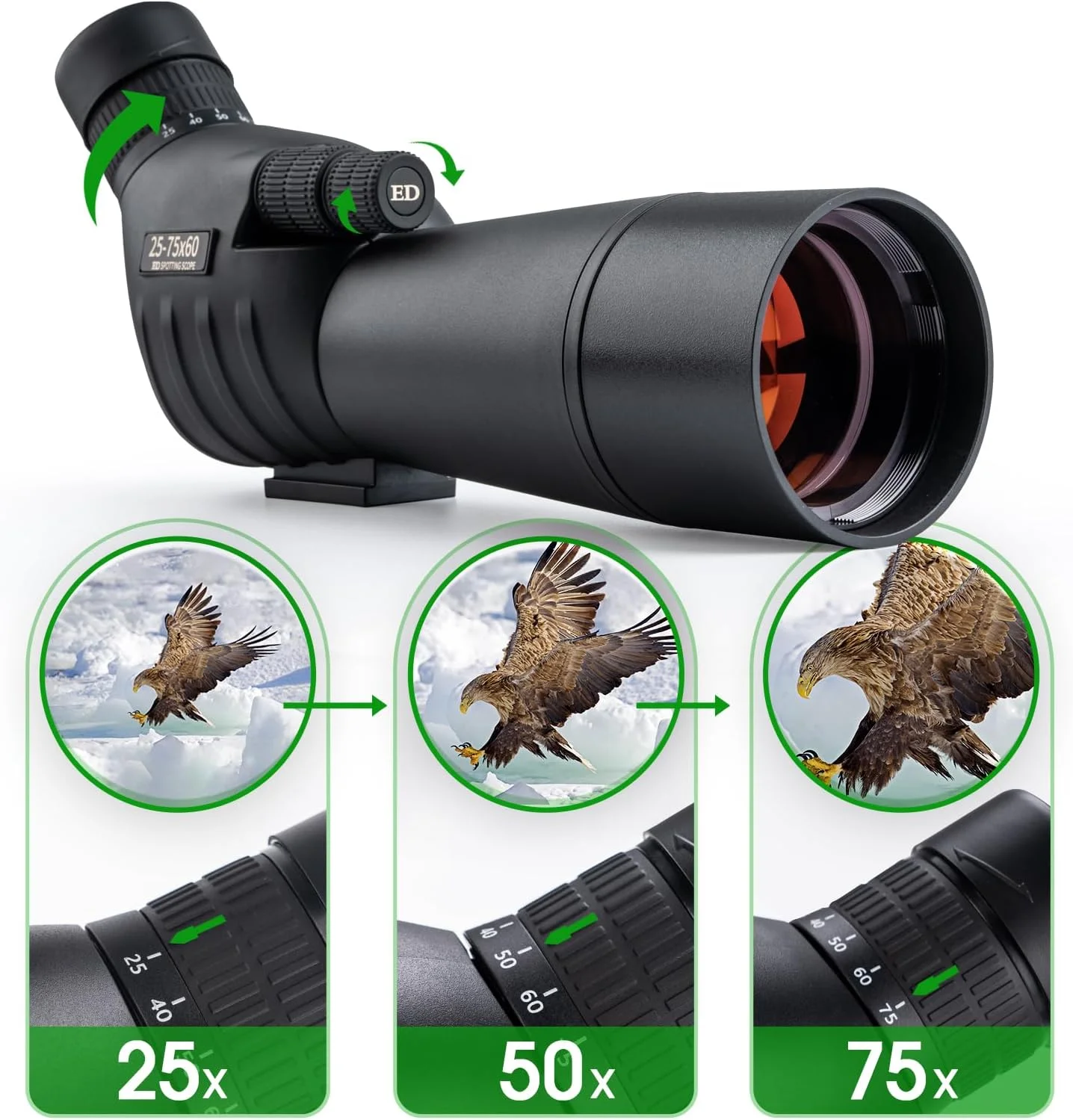 تلسکوپ دیدبانی 25-75 X 60 به همراه سه پایه و آداپتور تلفن، مناسب برای هدف زنی، شکار و تماشای پرندگان - مشکی تلسکوپ دیدبانی 25-75 X 60 به همراه سه پایه و آداپتور تلفن، مناسب برای هدف زنی، شکار و تماشای پرندگان - مشکی