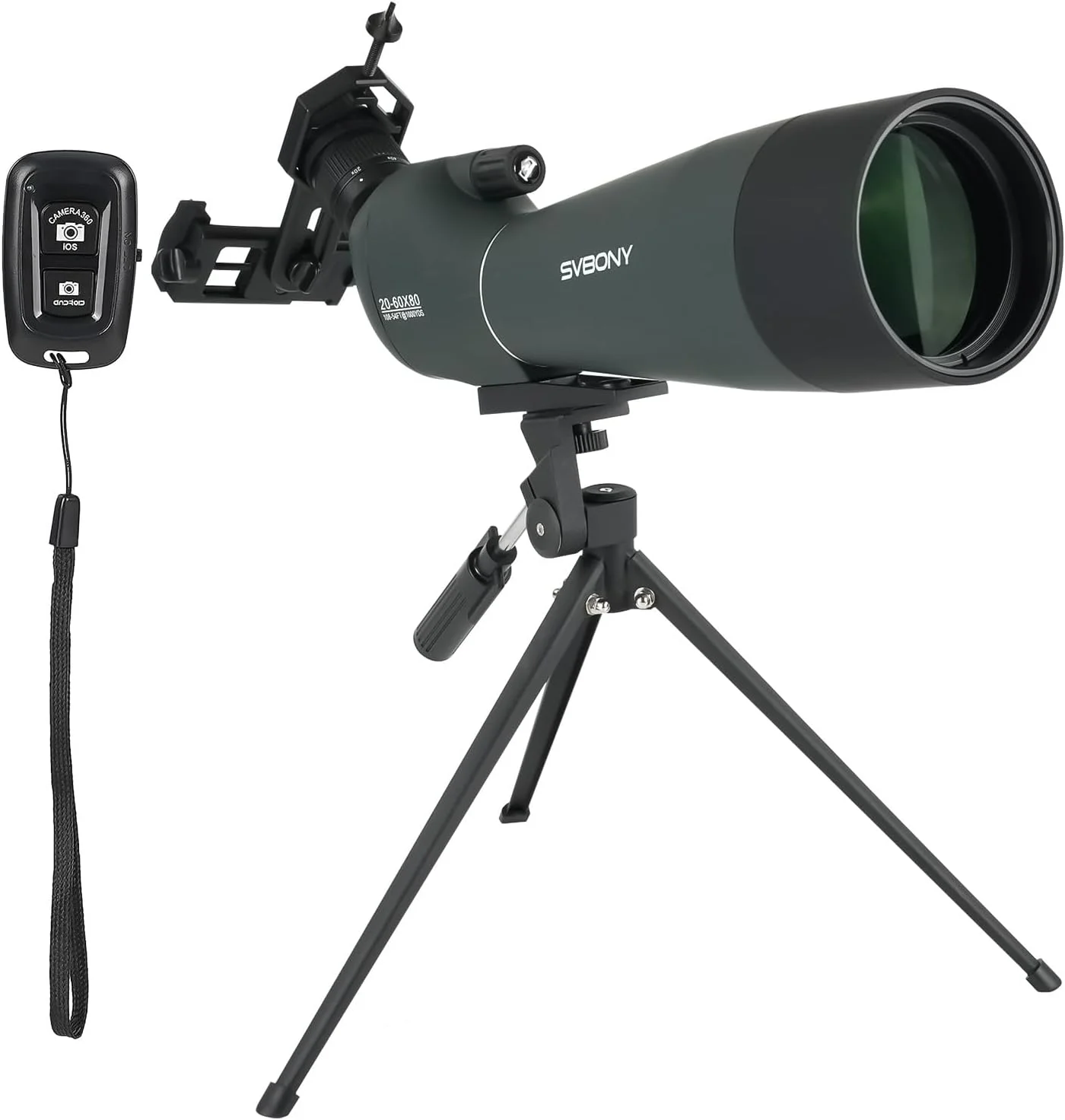 تلسکوپ دیدبانی SVBONY SV28 20-60x80 برای تیراندازی به هدف با شاتر از راه دور SA411، تلسکوپ دوربرد با آداپتور تلفن و سه پایه، تلسکوپ HD برای تماشای پرندگان، مشاهده حیات وحش