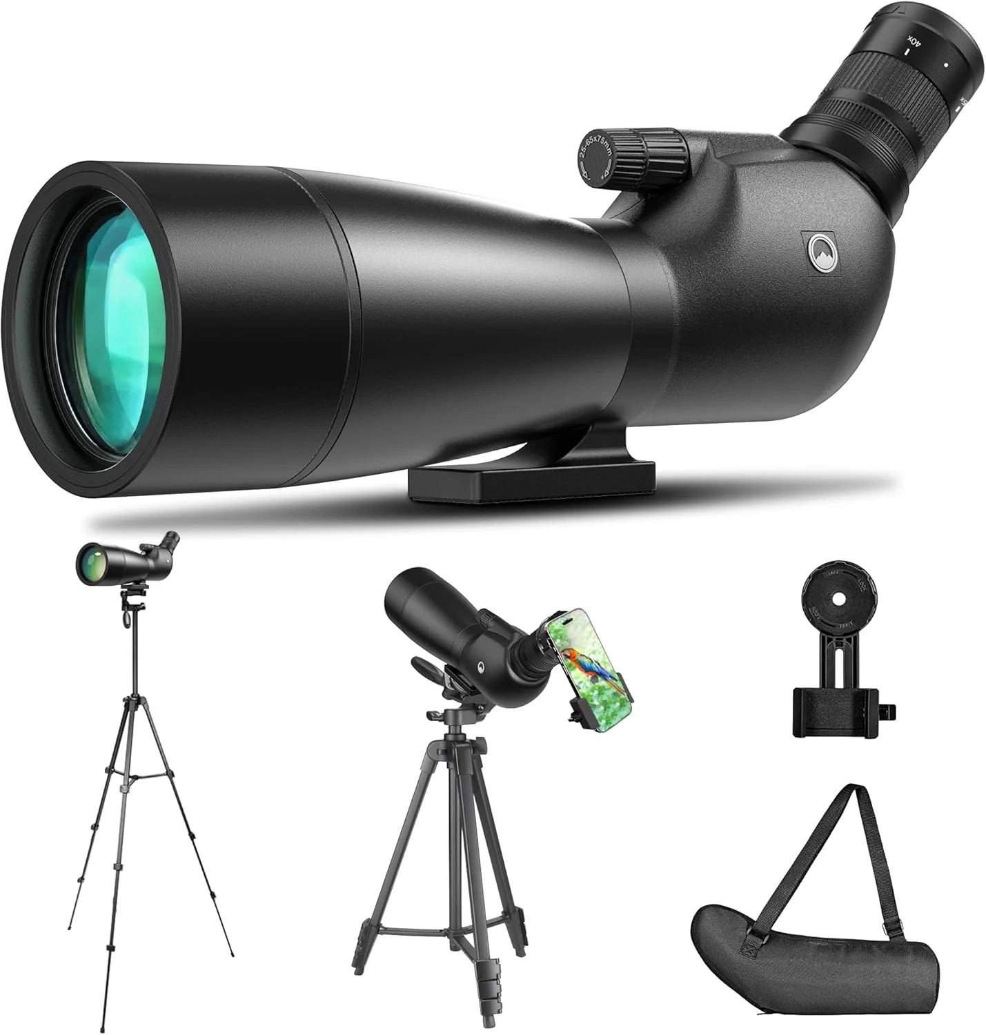 تلسکوپ دیدبانی 25-65x75 میلی‌متری به همراه سه پایه بزرگ، کیف حمل و آداپتور تلفن - ایده آل برای تماشای پرندگان، شکار و تیراندازی به هدف