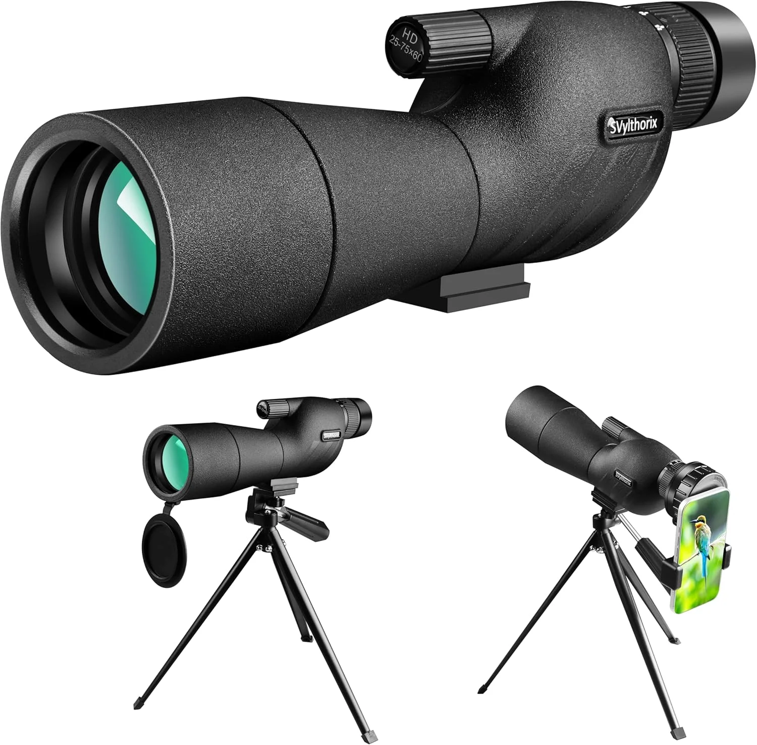 تلسکوپ دیدبانی HD با بزرگنمایی 25-75×60 میلی‌متر به همراه سه‌پایه فلزی و آداپتور تلفن. تلسکوپ دیدبانی با کیفیت بالا برای تماشای پرندگان و حیات وحش