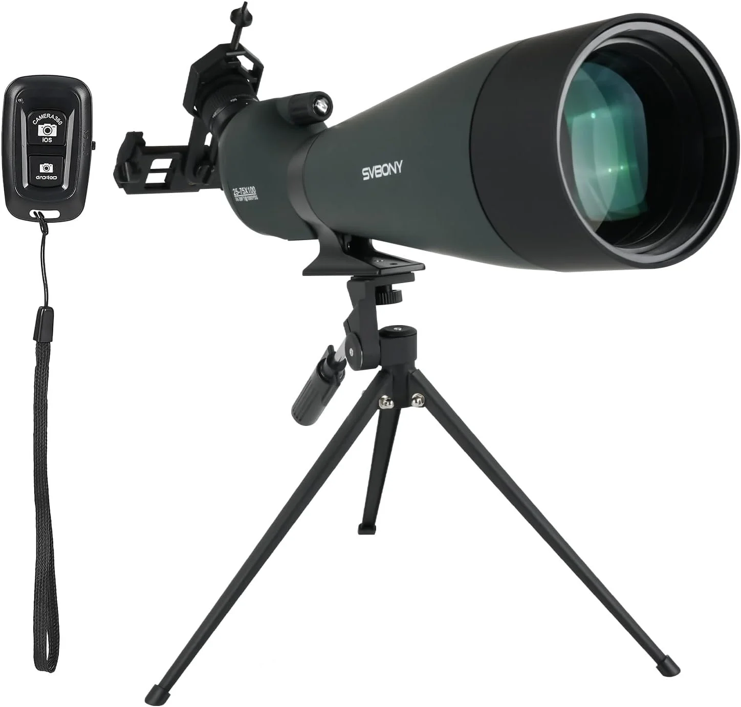 تلسکوپ دیدبانی زاویه دار ۱۰۰ میلی‌متری SVBONY SV28 با شاتر از راه دور SA411، تلسکوپ ۲۵-۷۵x با سه پایه برای مشاهده از راه دور، اپتیک FMC HD با کیف حمل نرم و آداپتور تلفن، تلسکوپ برای تیراندازی