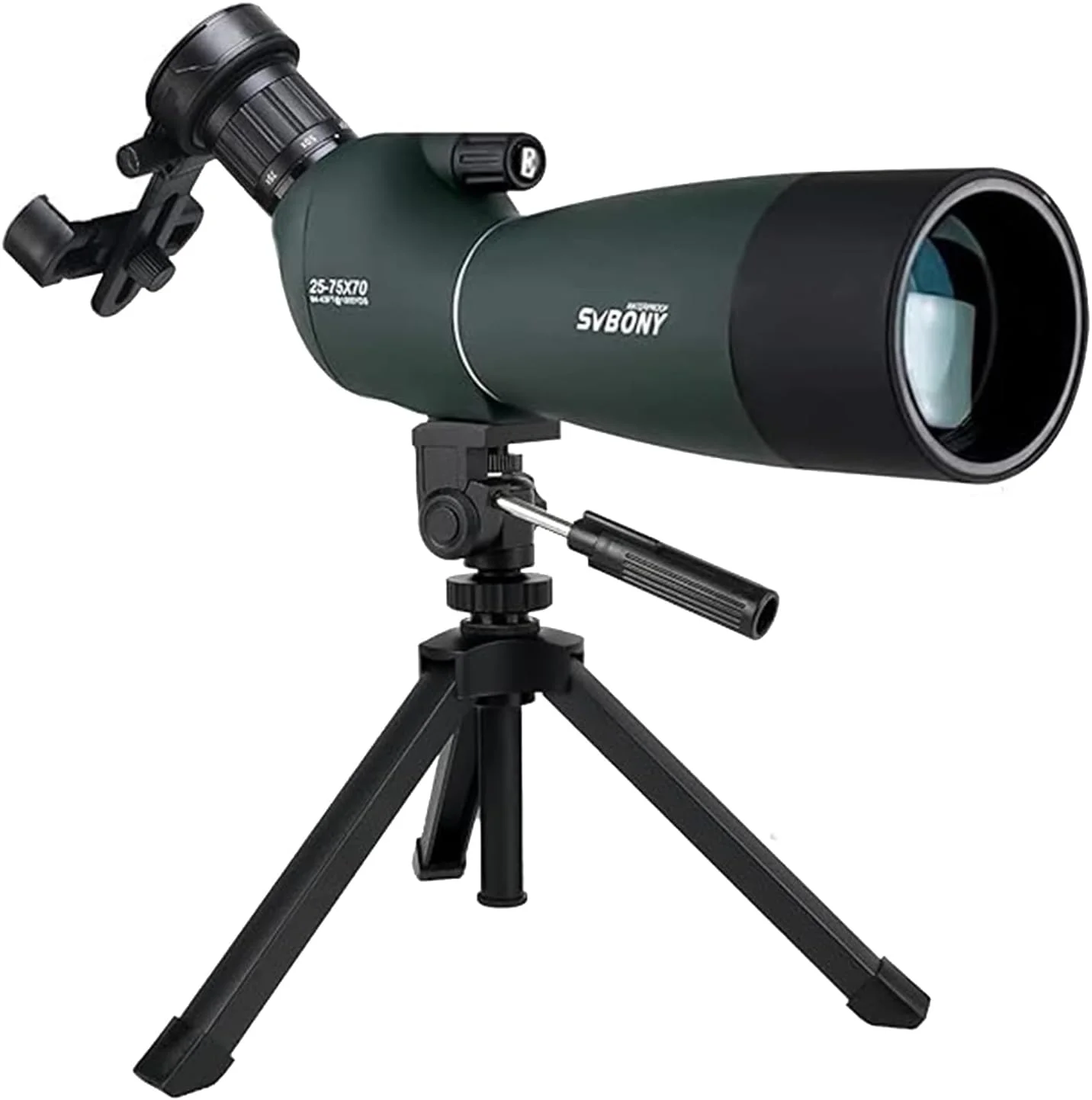 دوربین چشمی SVBONY SV28 با سه پایه و آداپتور تلفن، زاویه دار 25-75x70 میلی متر، ضد آب و ضد مه با سه پایه رومیزی برای تماشای پرندگان، تیراندازی به هدف، تماشای حیات وحش