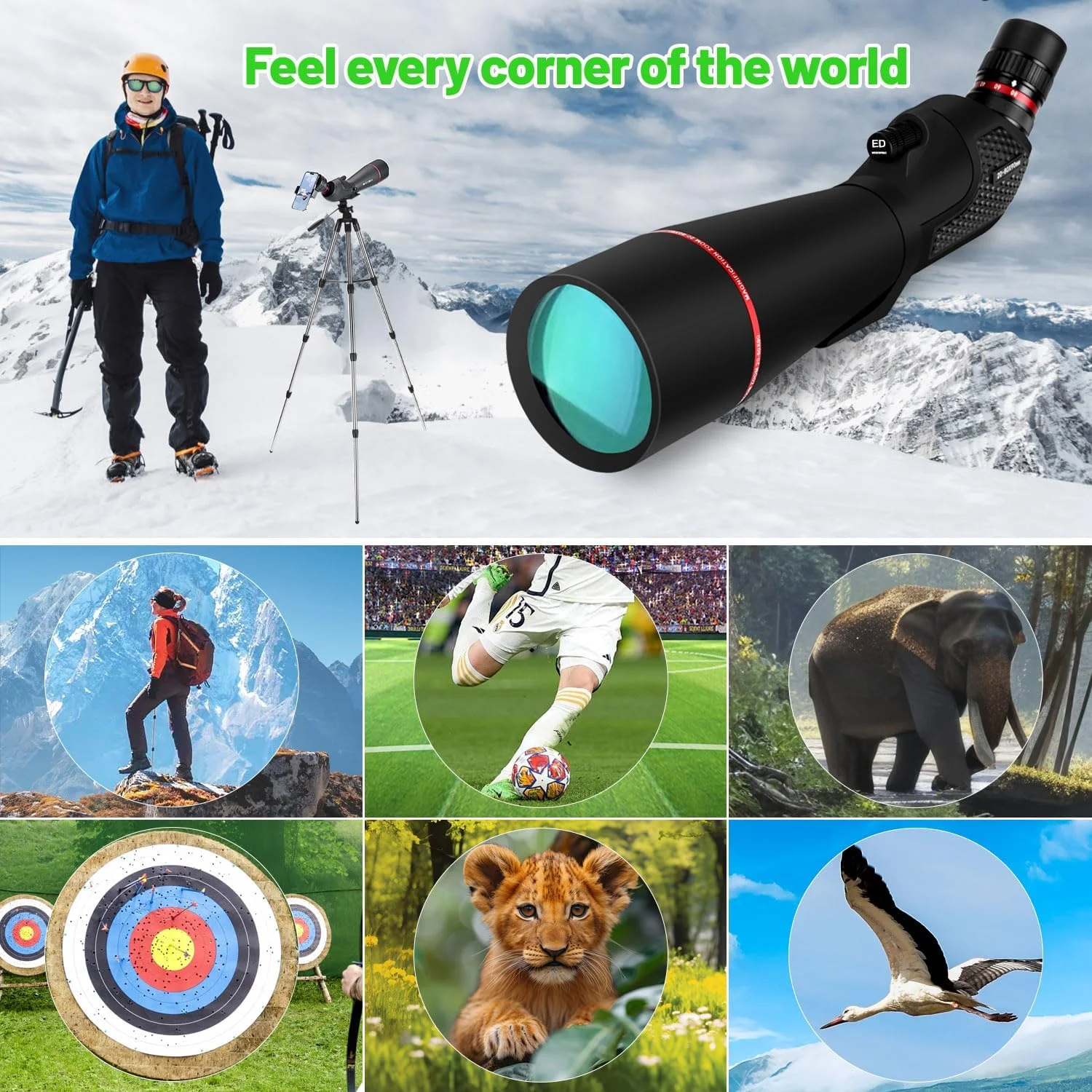 تلسکوپ دیدبانی، 20-80x90 میلیمتر، مناسب تماشای پرندگان، مجهز به سهپایه و نگهدارنده تلفن، و قابل استفاده به عنوان تلسکوپ دیدبانی برای شکار، تیراندازی و سایر اهداف چندمنظوره تلسکوپ دیدبانی، 20-80x90 میلیمتر، مناسب تماشای پرندگان، مجهز به سهپایه و نگهدارنده تلفن، و قابل استفاده به عنوان تلسکوپ دیدبانی برای شکار، تیراندازی و سایر اهداف چندمنظوره