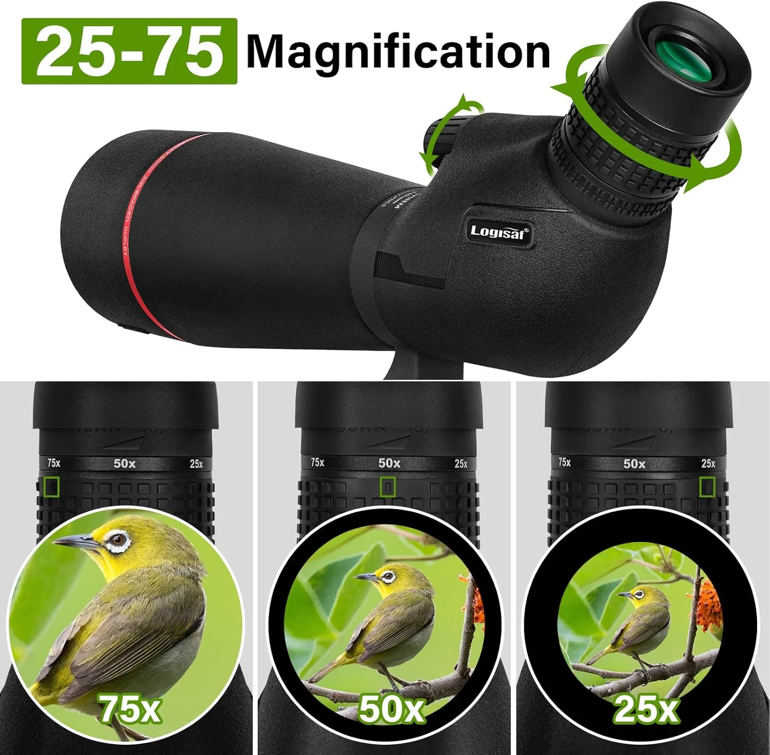 تلسکوپ دیدبانی 25-75x80 HD با منشور BAK4 و سه پایه - تلسکوپ ضد آب و ضد مه با وضوح بالا برای تماشای پرندگان، شکار و تماشای حیات وحش - شامل نگهدارنده تلفن هوشمند