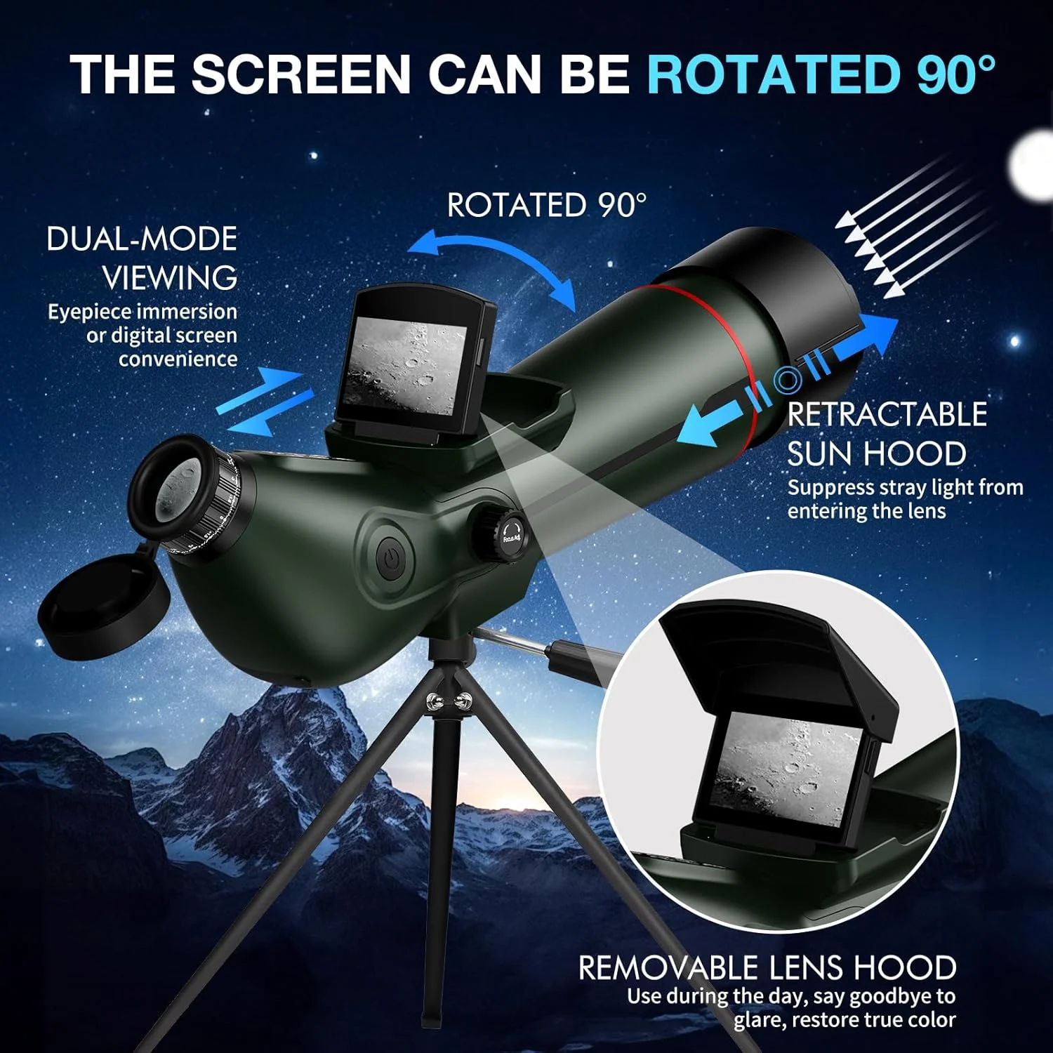 تلسکوپ های دیدبانی با سه پایه رومیزی - قابلیت ذخیره عکس های 30 مگاپیکسلی و فیلم های 4K، صفحه نمایش IPS بزرگ 2.8 اینچی، لنز شیئی بزرگ 78 میلی متری برای هدف گیری، تماشای پرندگان، تماشای حیات وحش، ضد آب IP54
