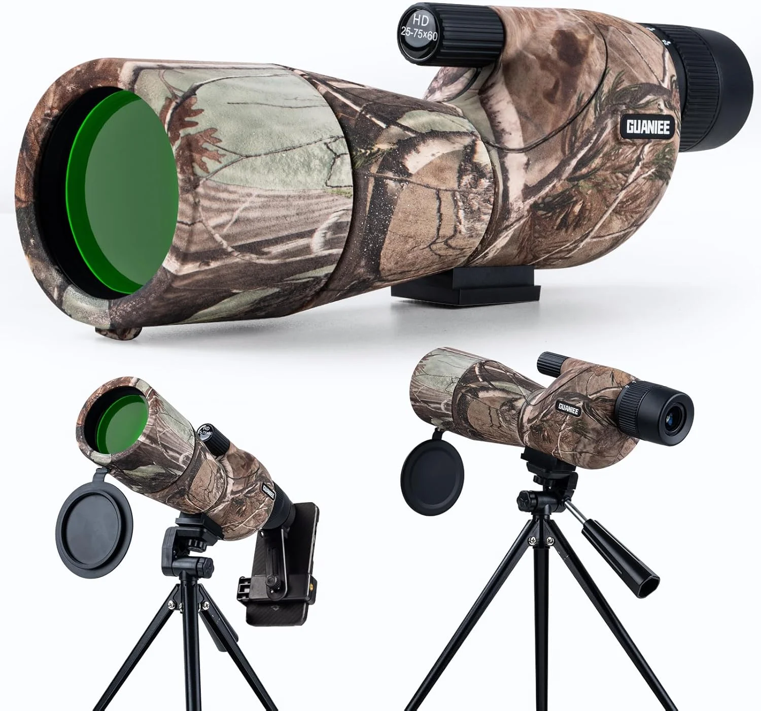 تلسکوپ دیدبانی 25-75x60 به همراه سه پایه، کیف حمل و آداپتور تلفن همراه، مناسب برای تماشای پرندگان، حیات وحش و شکار - طرح استتار