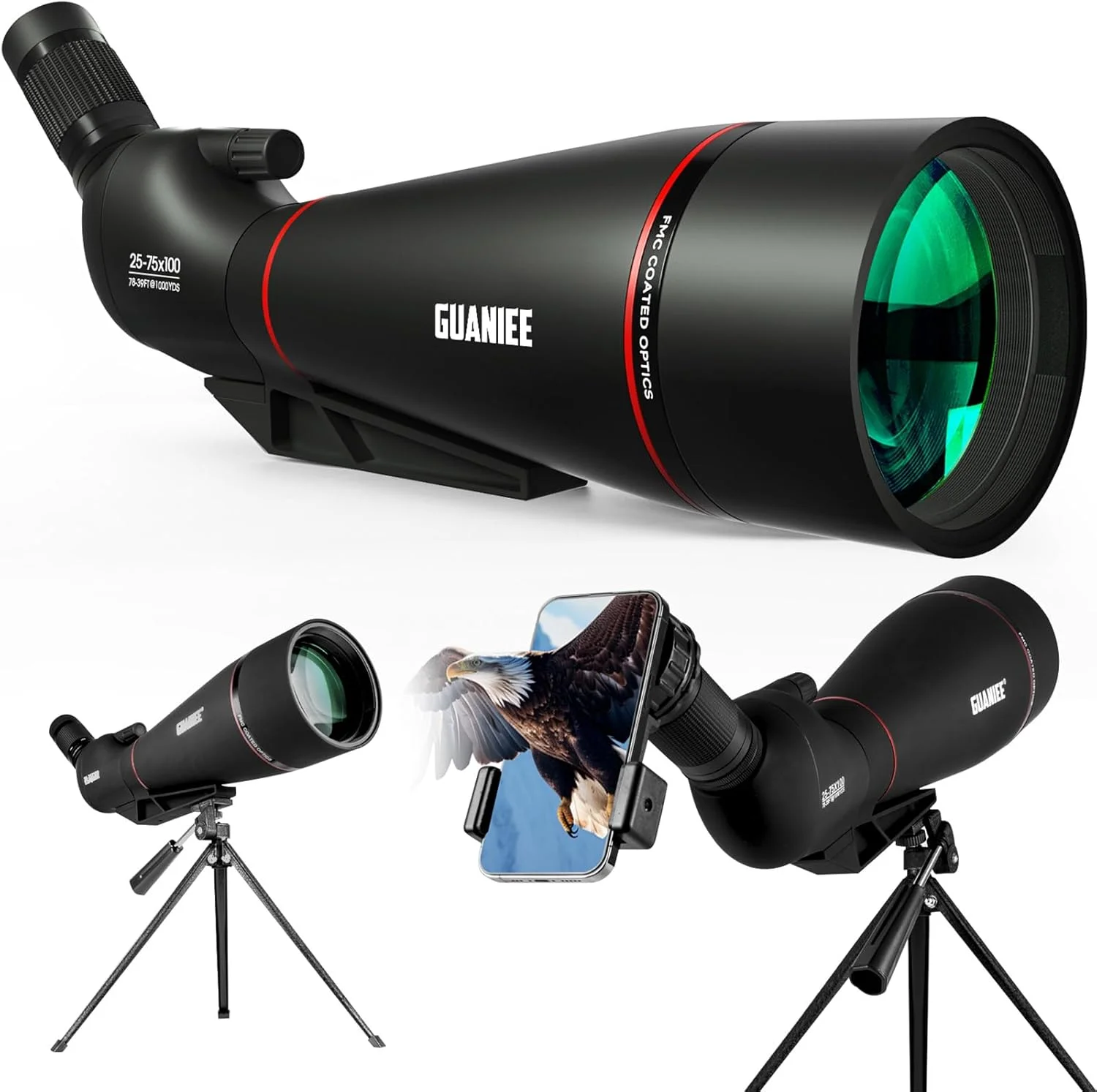 تلسکوپ دیدبانی 25-75x100 به همراه سه پایه و کیف حمل، مناسب برای هدف‌گیری، تماشای پرندگان و حیات وحش - مشکی