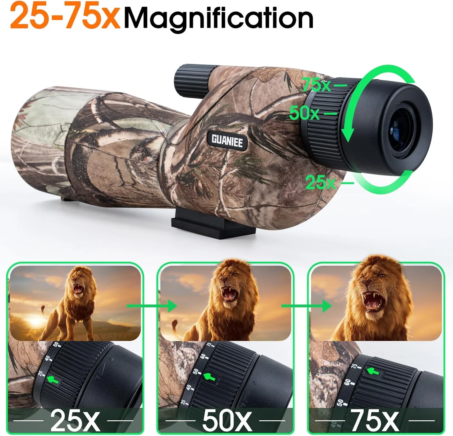 تلسکوپ دیدبانی 25-75x60 به همراه سه پایه، کیف حمل و آداپتور تلفن همراه، مناسب برای تماشای پرندگان، حیات وحش و شکار - طرح استتار